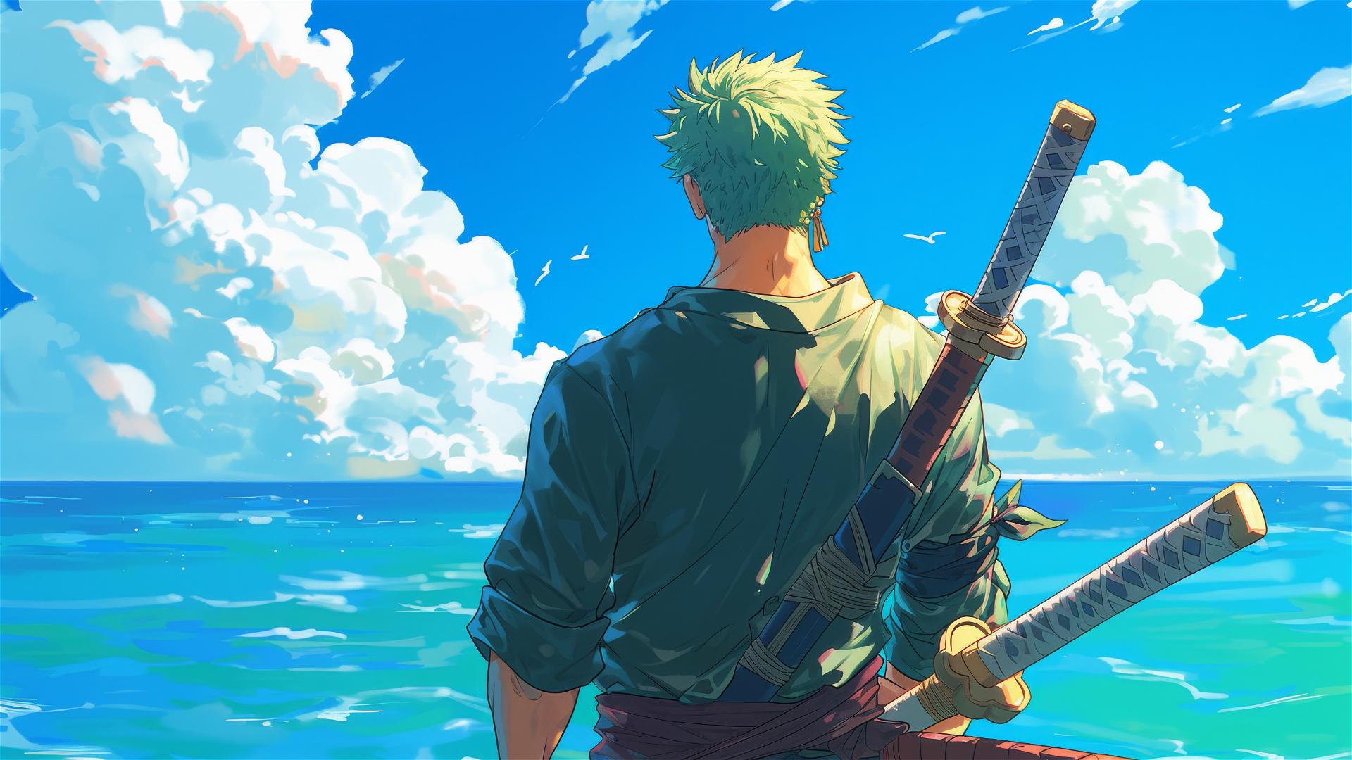 Zoro Roronoa from behind, looking at the sea, contemplating adventure.