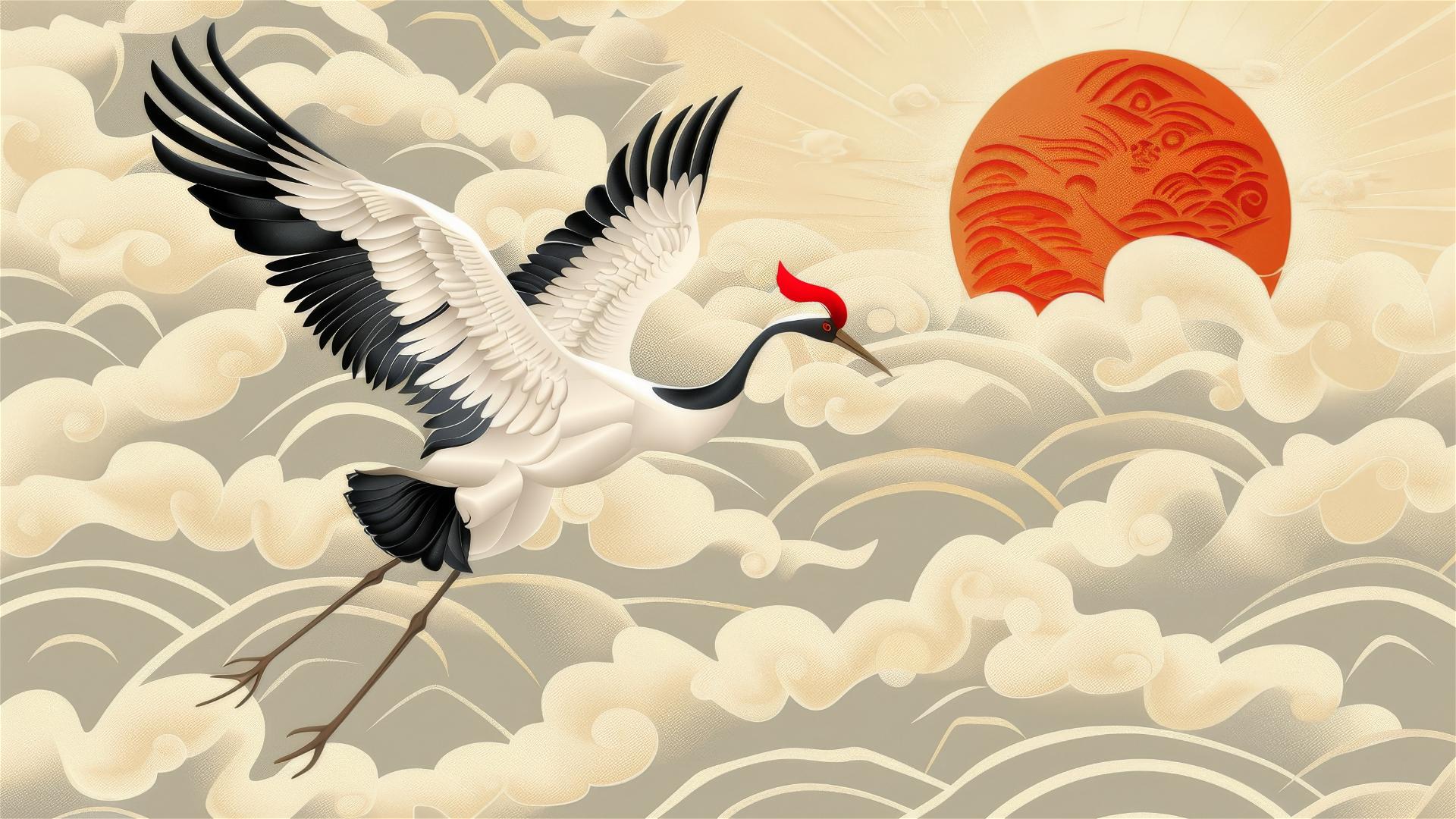 Chinese style illustration of a crane flying among clouds with ruyi patterns.