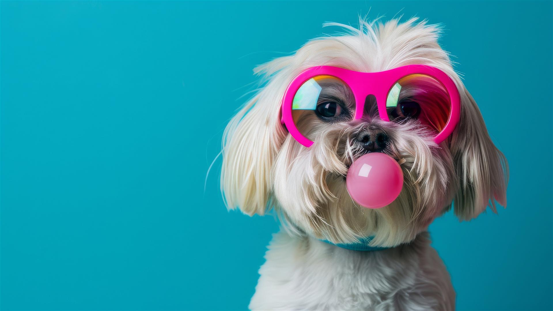 Maltese dog with neon goggles blowing bubble gum in Anthony Burrill style