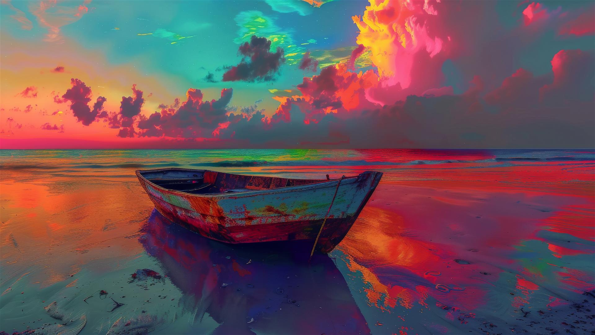 Psychedelic beach sunset with a ragged fishing boat.