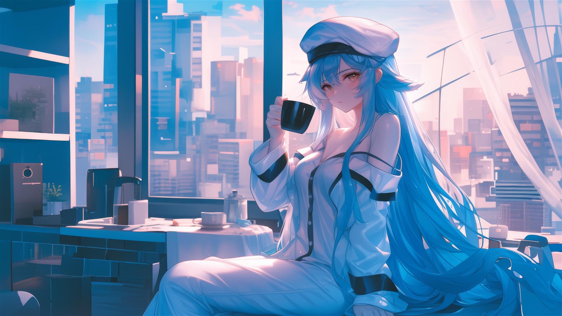 Esdeath in white silk pajamas with coffee at sunrise.