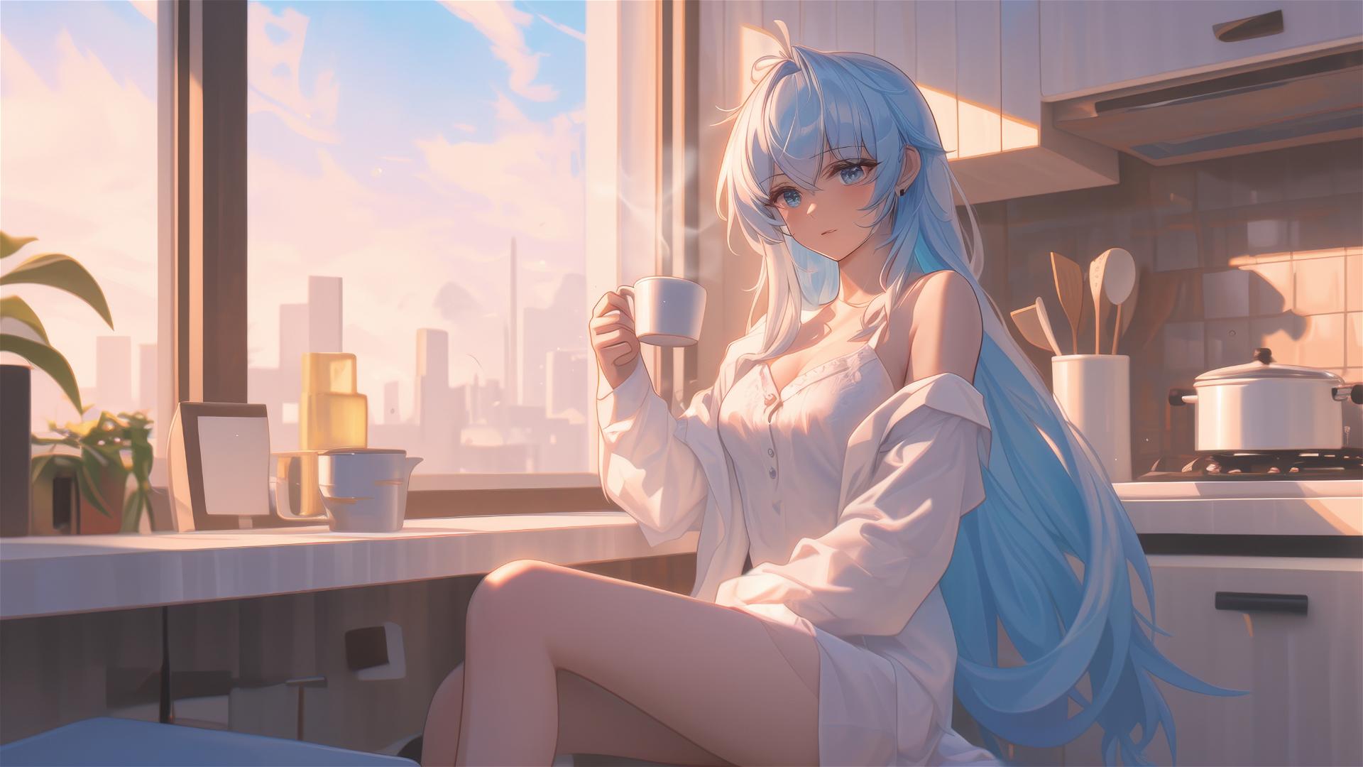 Esdeath in white silk pajamas with coffee at sunrise.