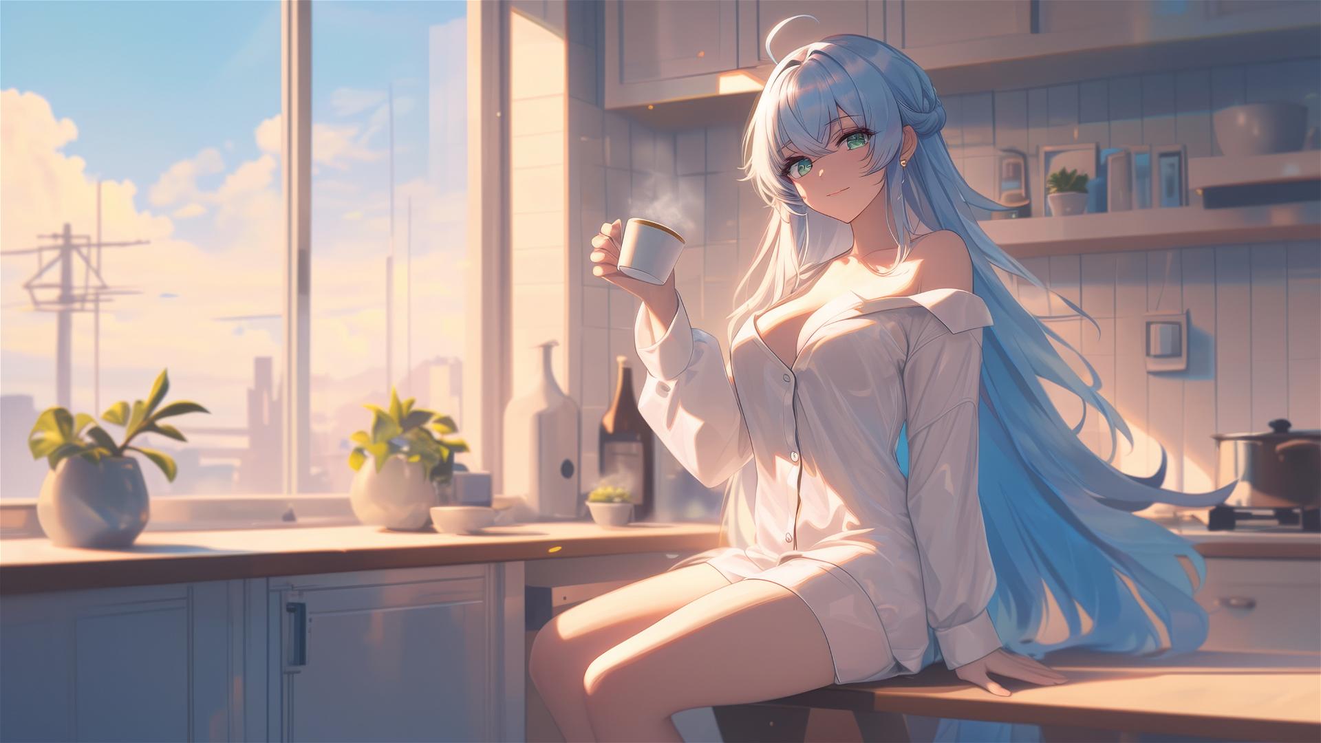 Esdeath in white silk pajamas with coffee at sunrise.