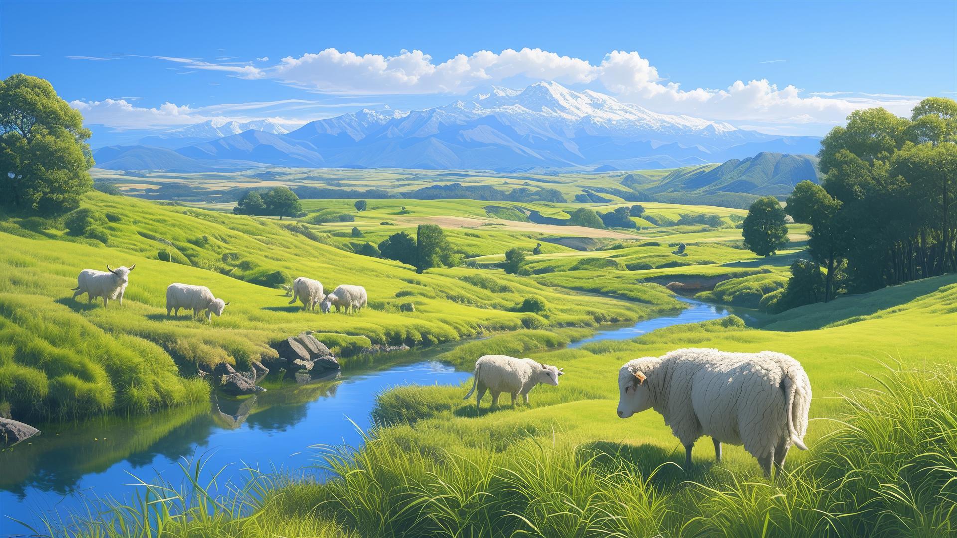 New Zealand scenery with snow mountains, pastures, and Jersey Cattle