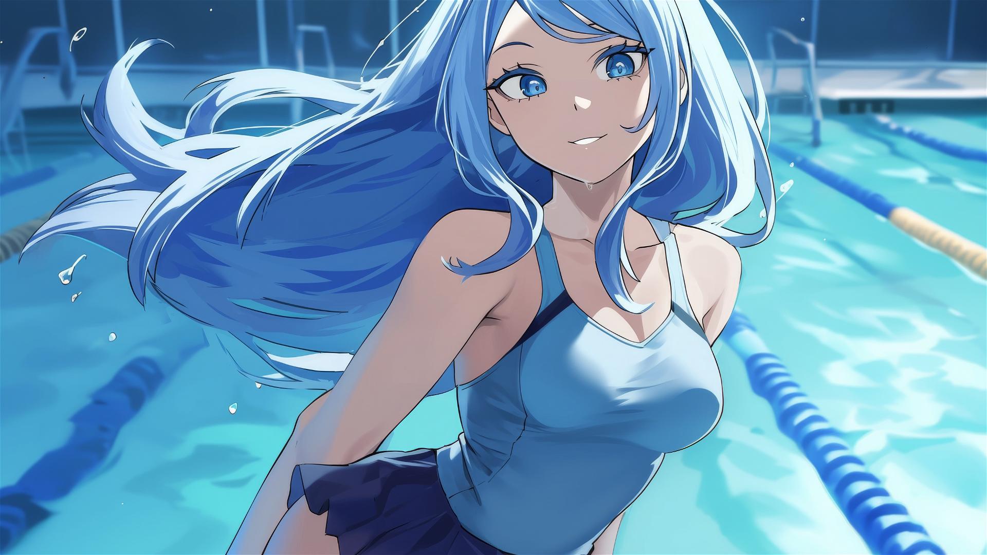 Nejire Hadou from My Hero Academia standing in a pool under moonlight with blue eyes
