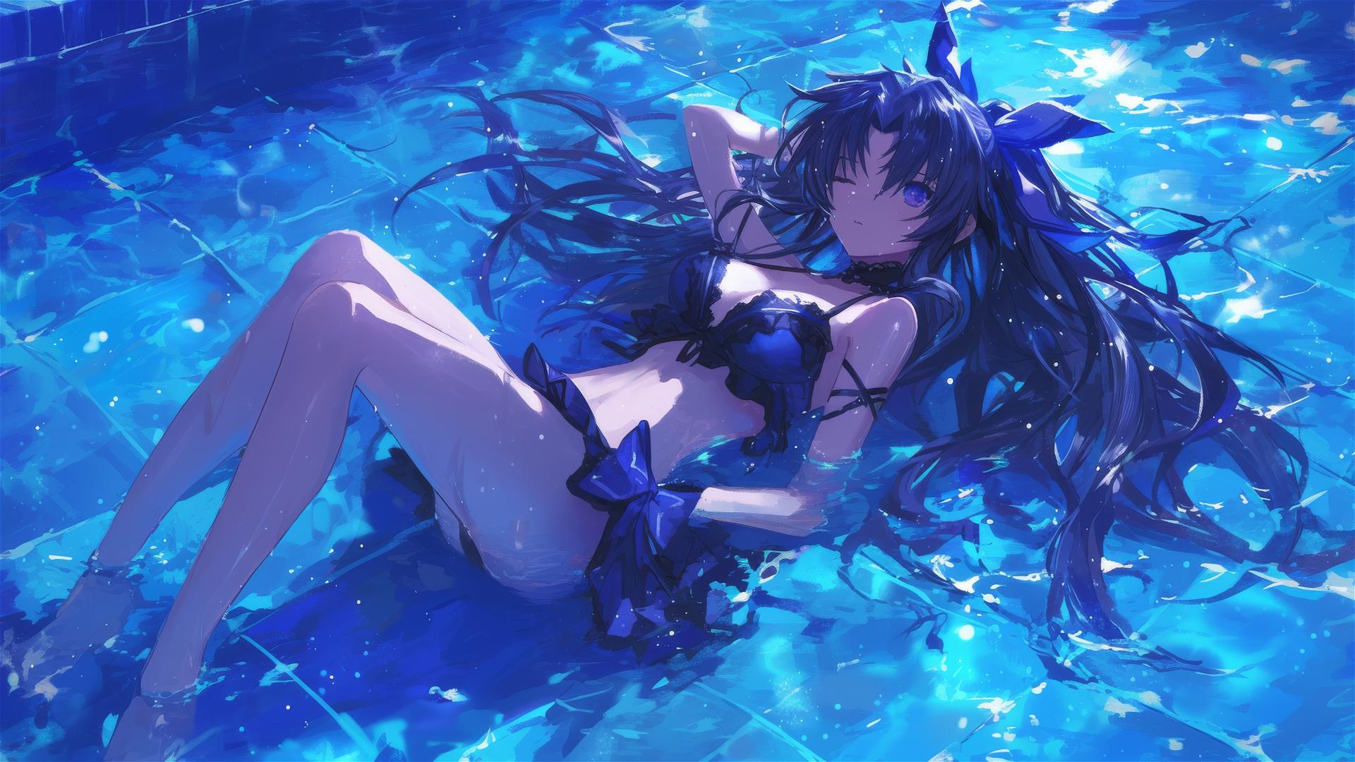 Tohka Yatogami swimming in moonlit pool with soft glow on her figure, dark-purple hair and eyes