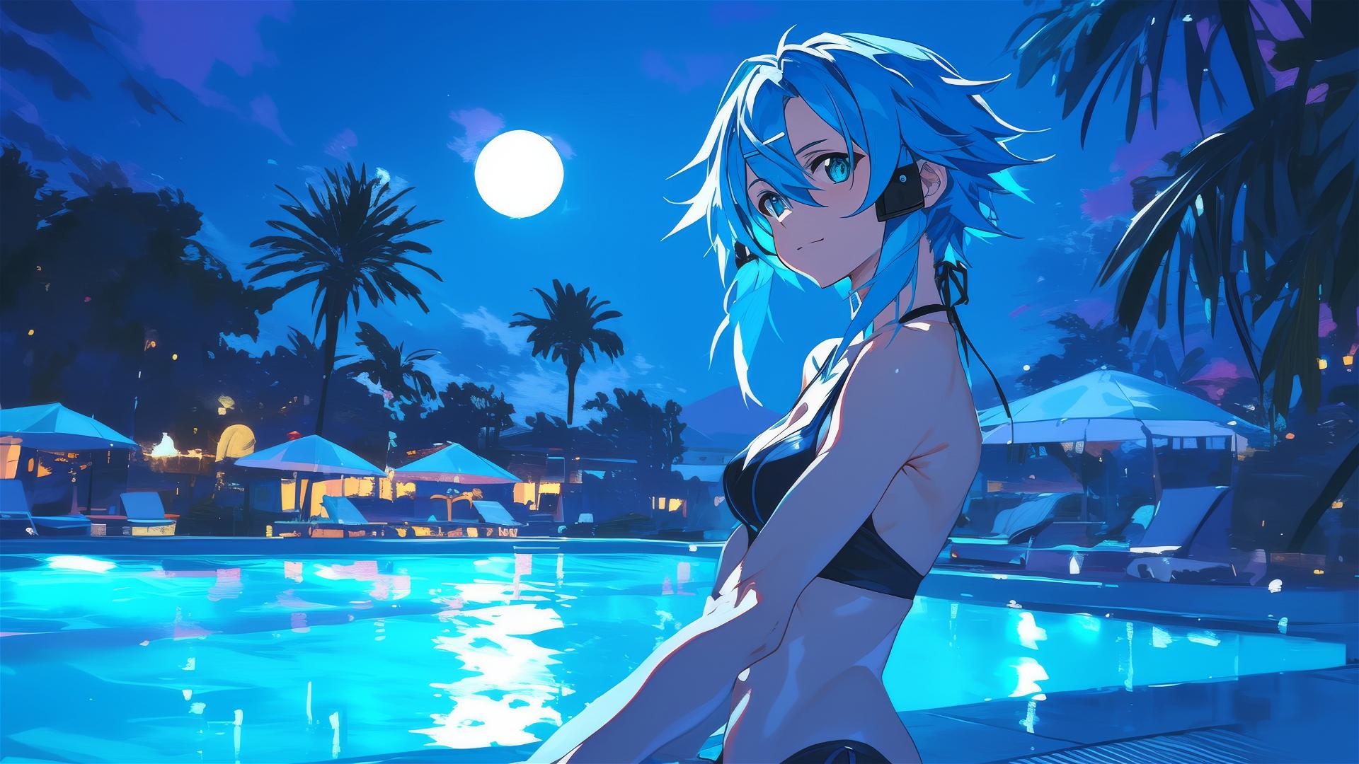Sinon from SAO standing by pool under moonlight, green eyes glowing