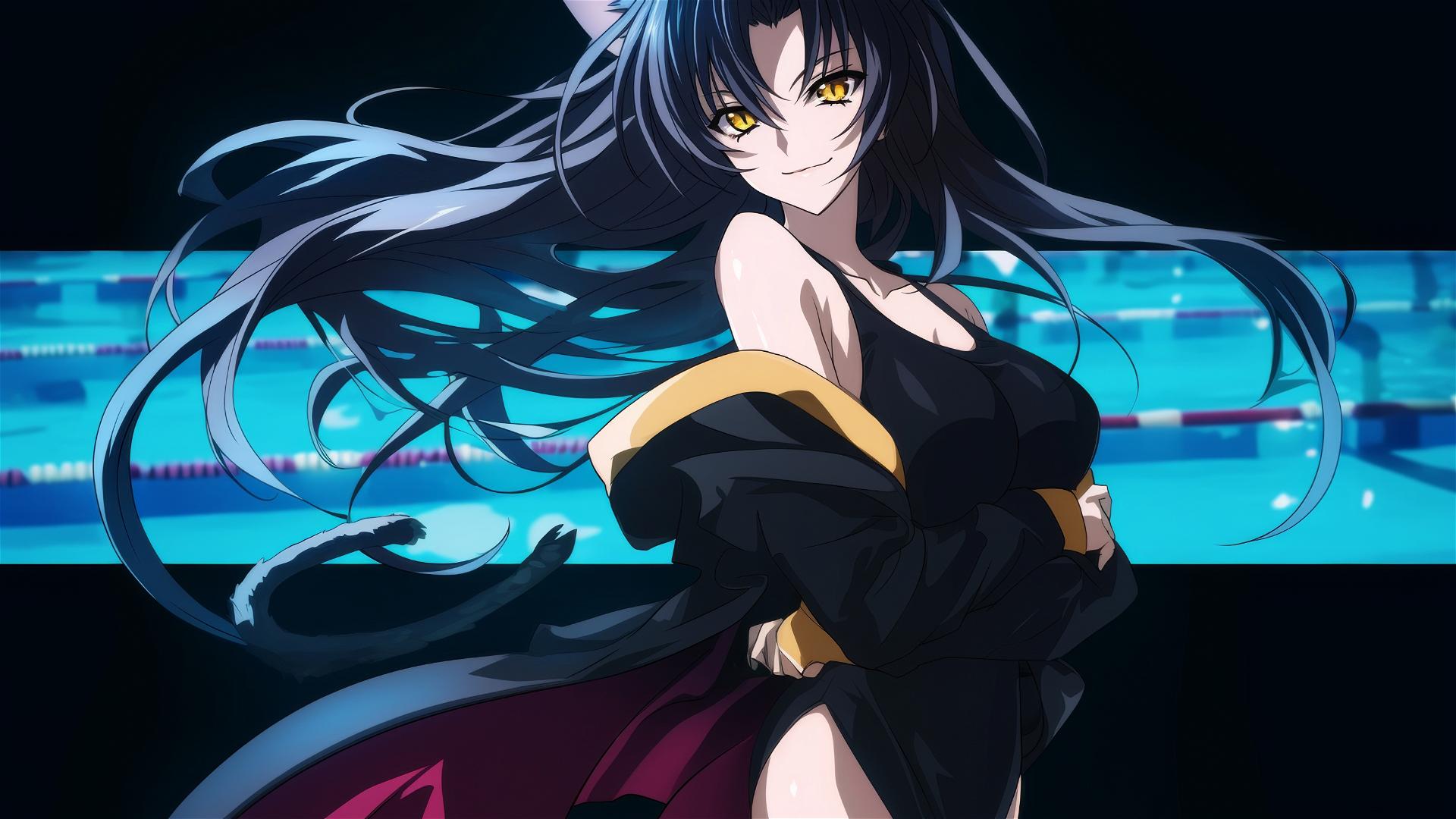 Kuroka from High School DxD swimming under moonlight with hazel gold eyes