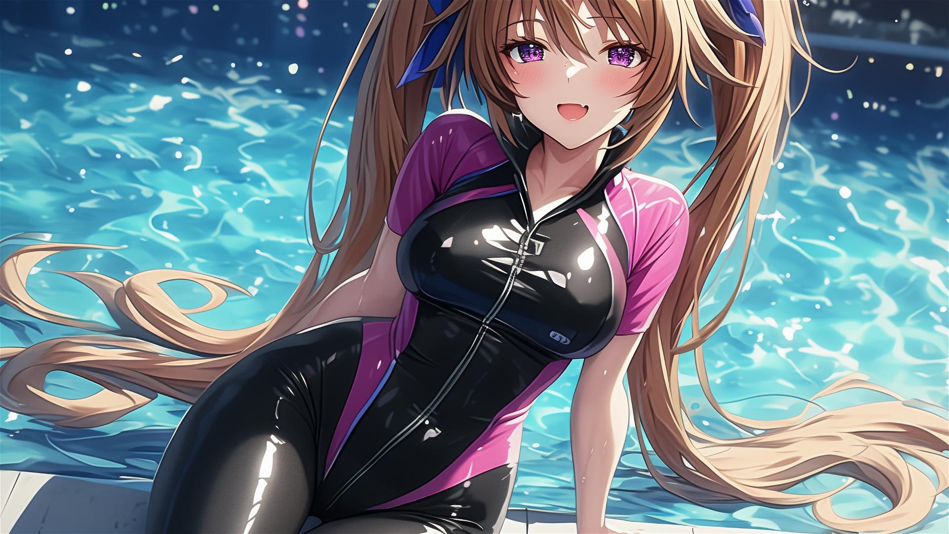 Irina Shidou from High School DxD by the pool under moonlight, violet eyes, chestnut twintails with blue scrunchies.