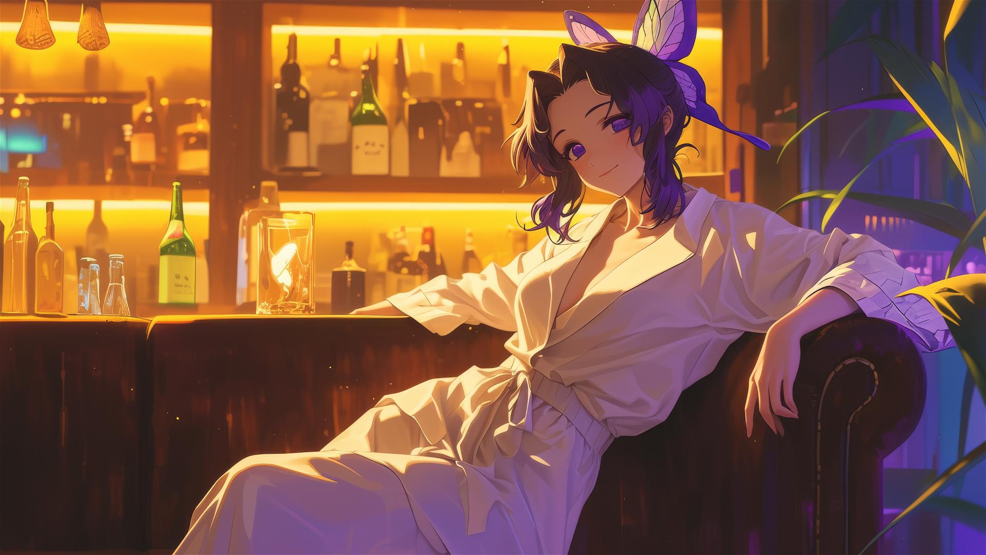 Shinobu Kocho in white silk pajamas at a dimly lit bar