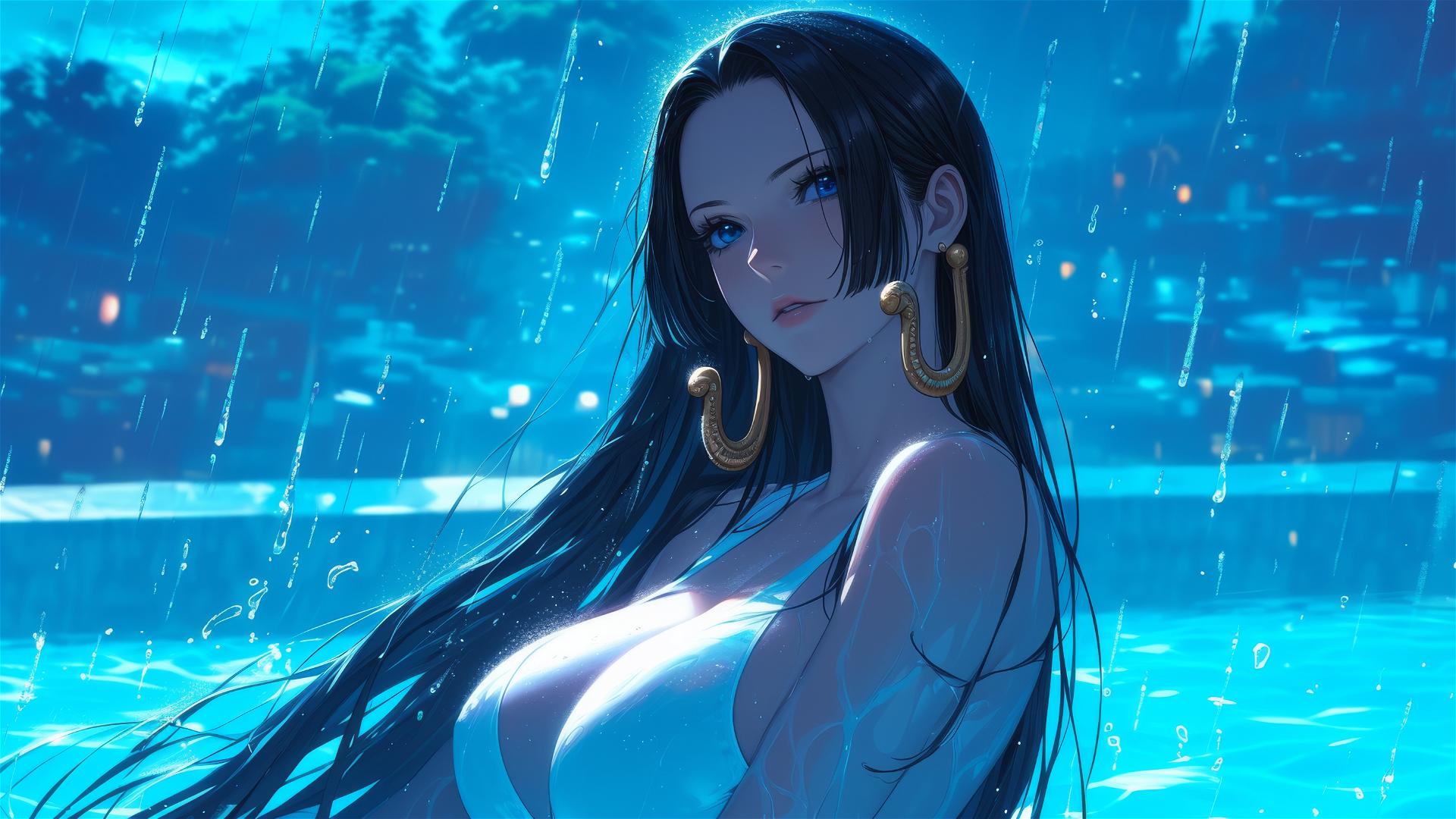 Boa Hancock from One Piece standing in a pool under moonlight