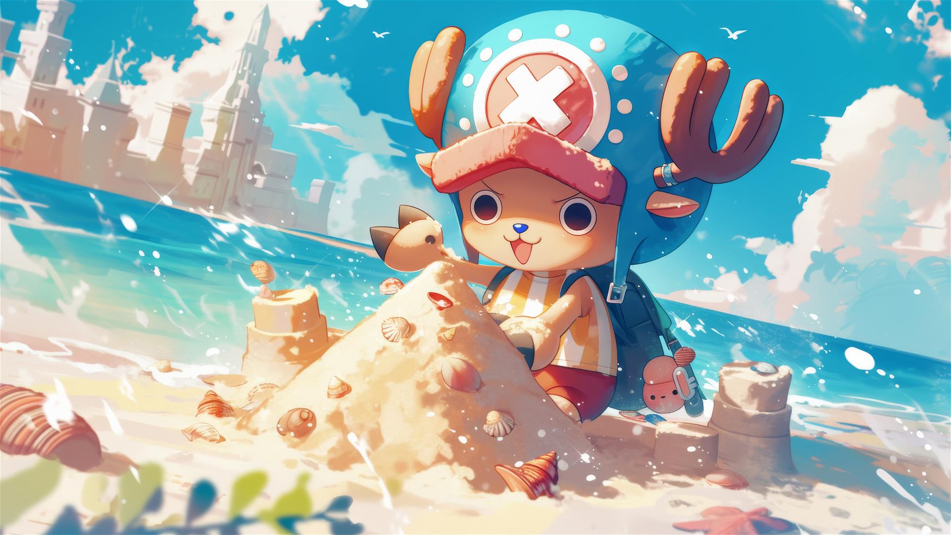 Tony Chopper building sandcastle with shells and seaweed on sunny beach