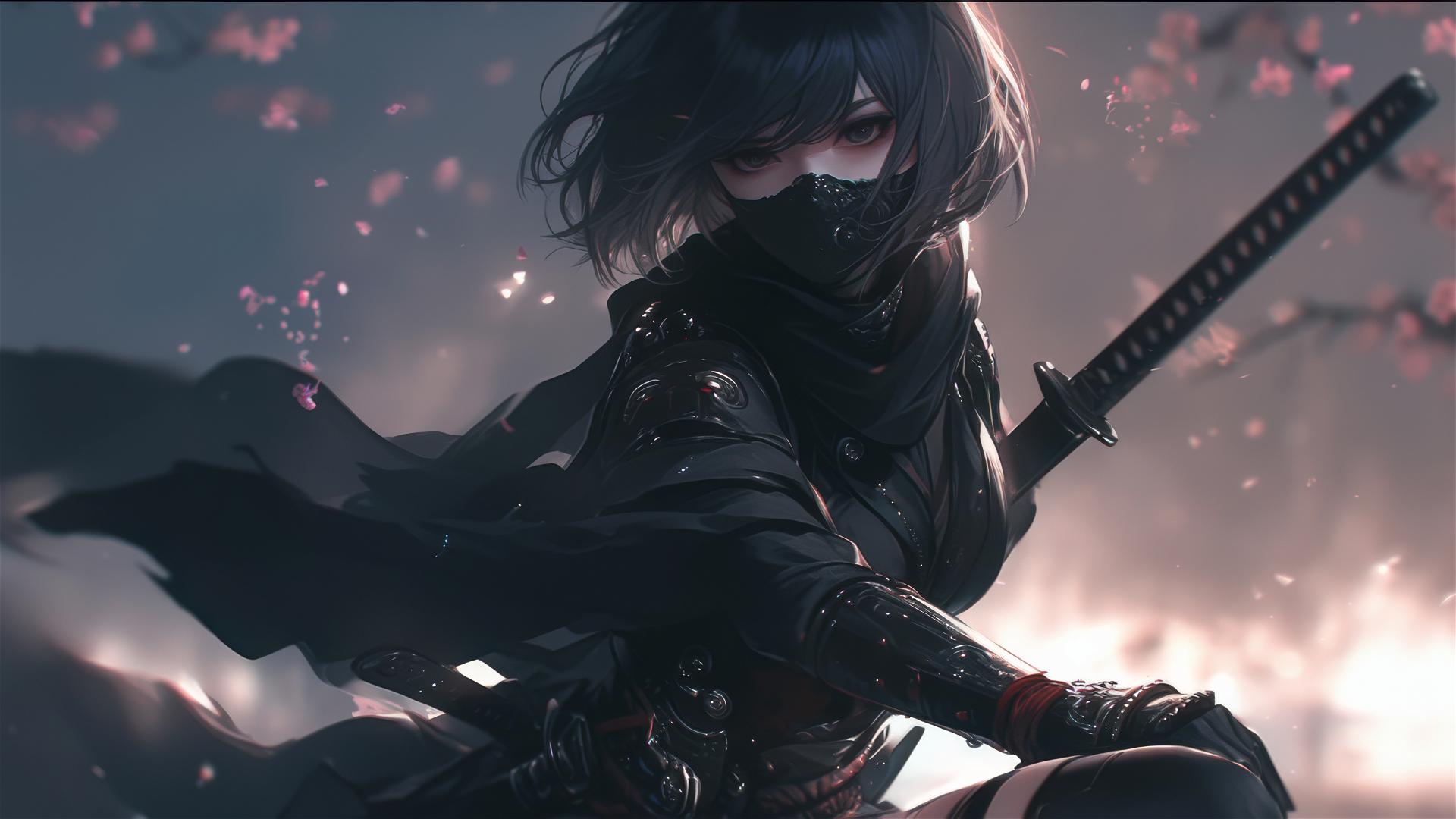 Ninja girl with short hair in dynamic pose spotlighting thigh