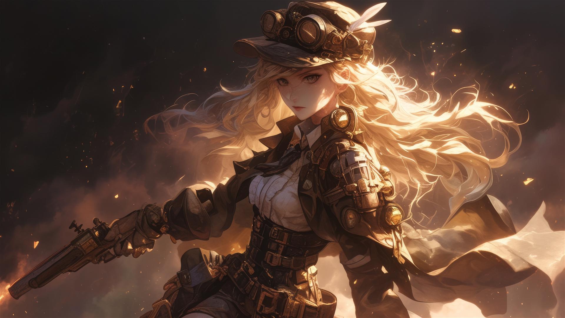 Steampunk Adventurer Girl in dynamic pose with thigh focus on dark background