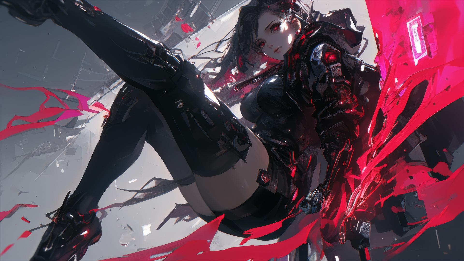Cybernetic Agent Girl in dynamic pose with thigh focus on dark background