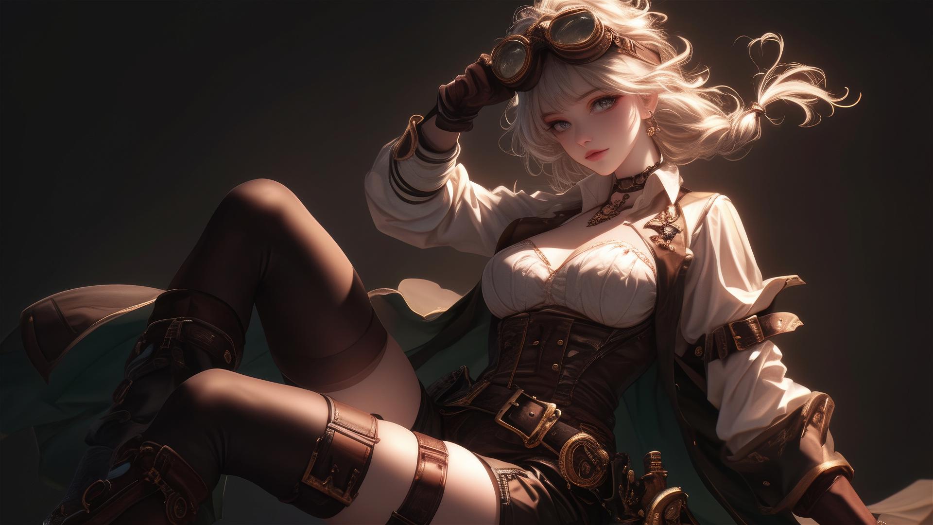 Steampunk girl in dynamic pose with thigh focus against dark background