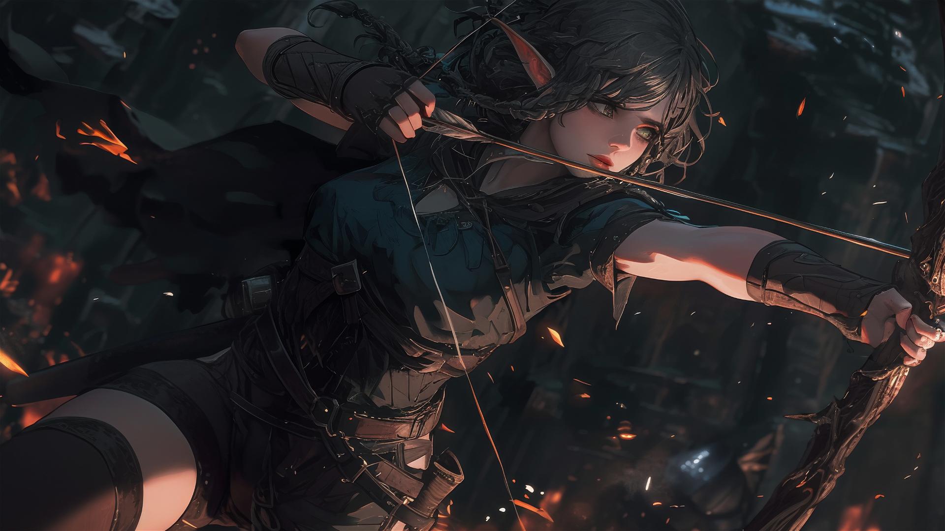 Fantasy Elf Archer in dynamic pose with spotlight effect on dark background