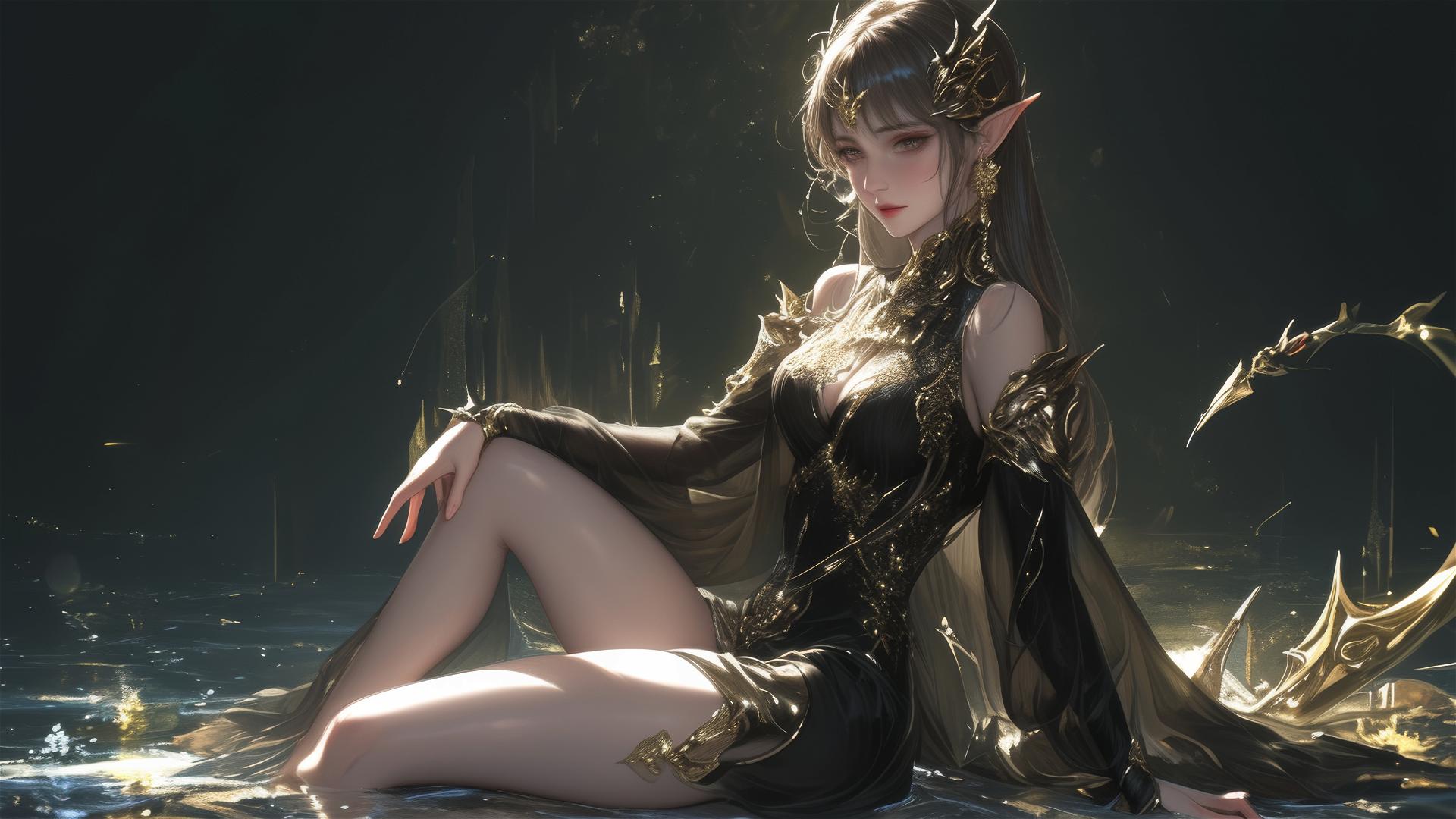 Fantasy Elf girl in dynamic pose on dark background with spotlight effect
