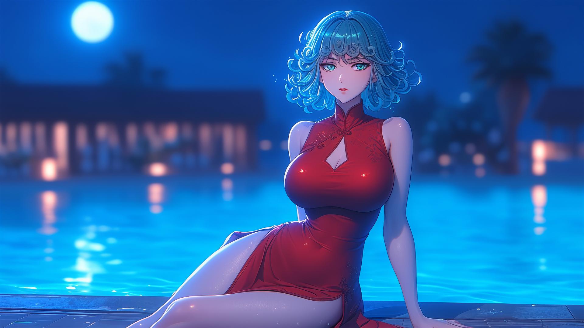 Tatsumaki from One-Punch Man resting by the pool in moonlight, rainy with a red dress