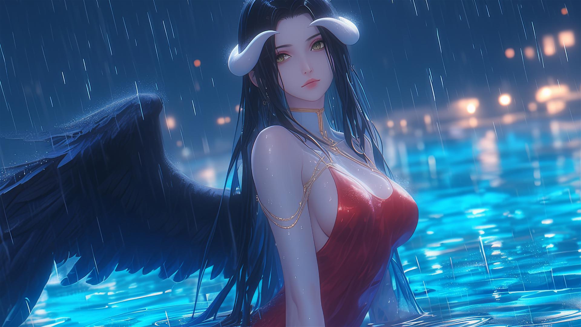 Albedo from Overlord standing in a pool with the moon's glow on her red dress