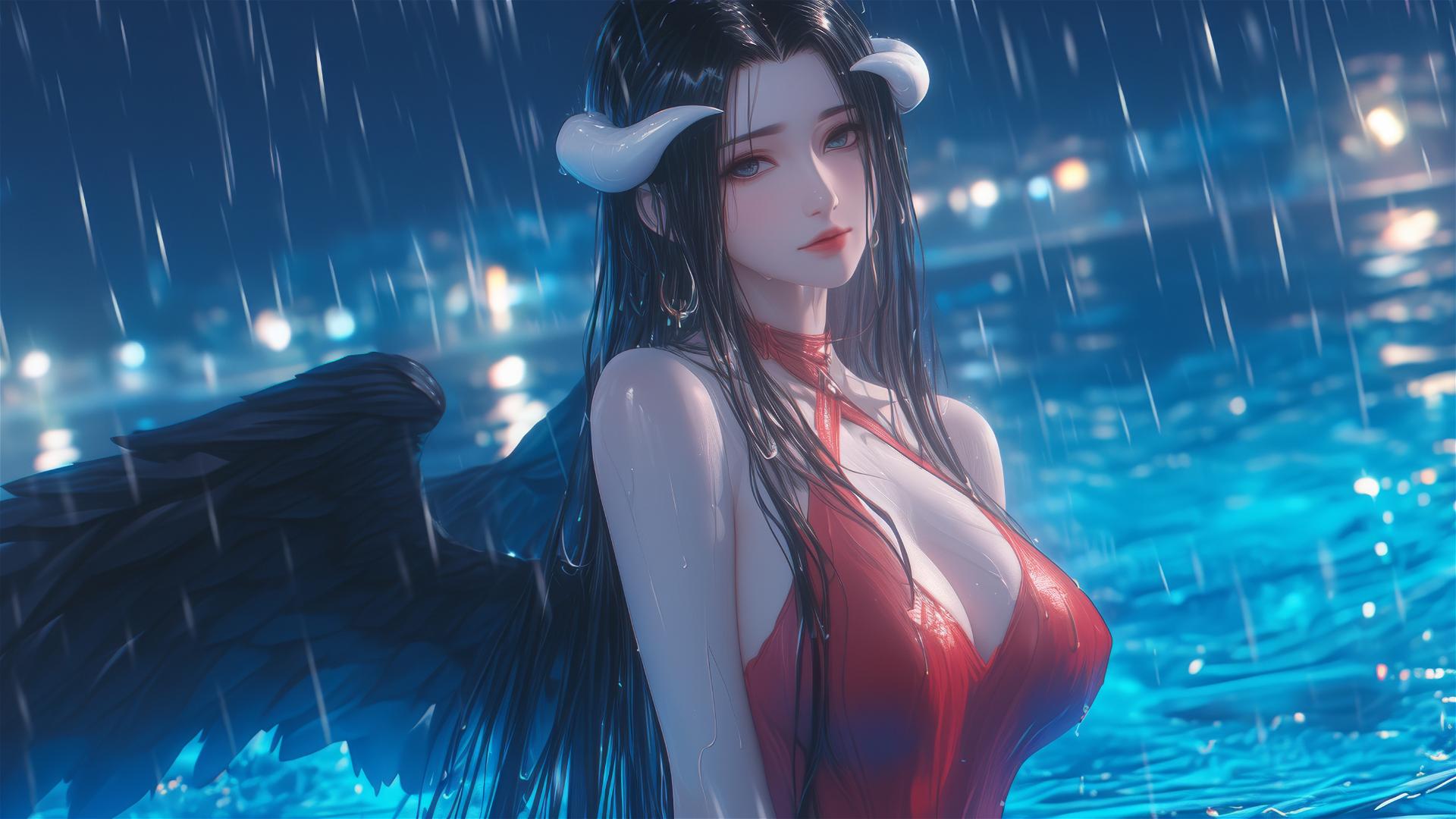 Albedo from Overlord in red dress, standing in a pool under moonlight & rain