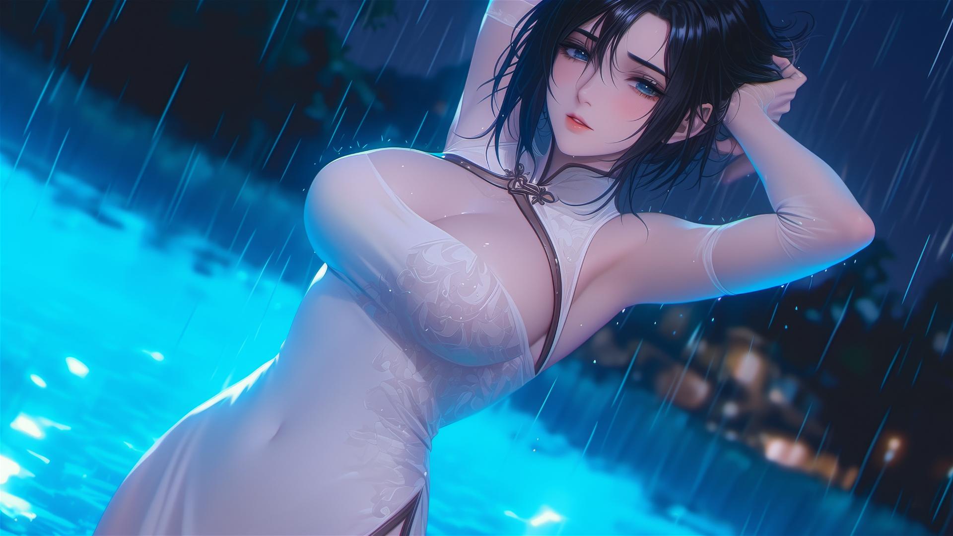 Mikasa Ackerman in rainy pool with moonlight and pink dress