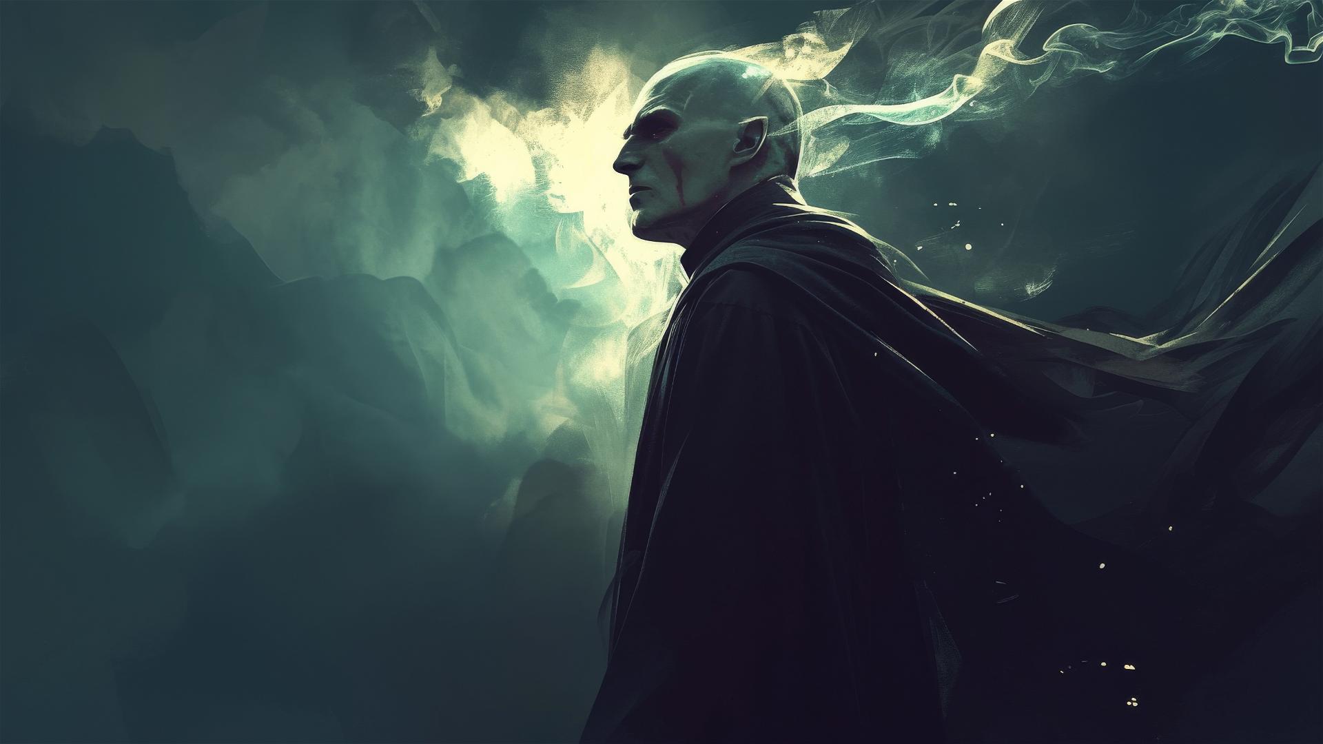 Artistic isolated drawing of Lord Voldemort with a dark background and spotlight effect