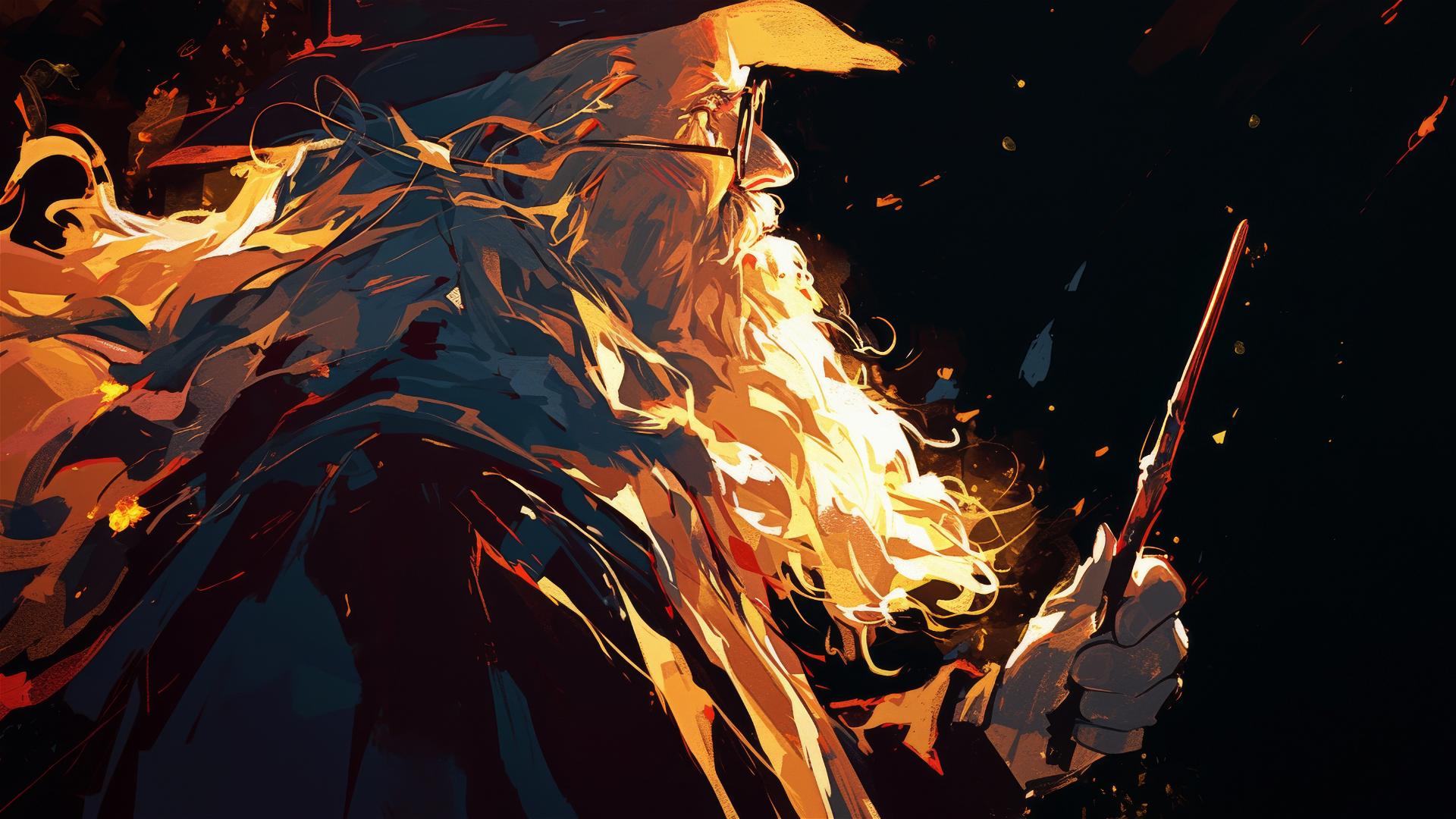 Illustration of Albus Dumbledore on a dark background with spotlight effect