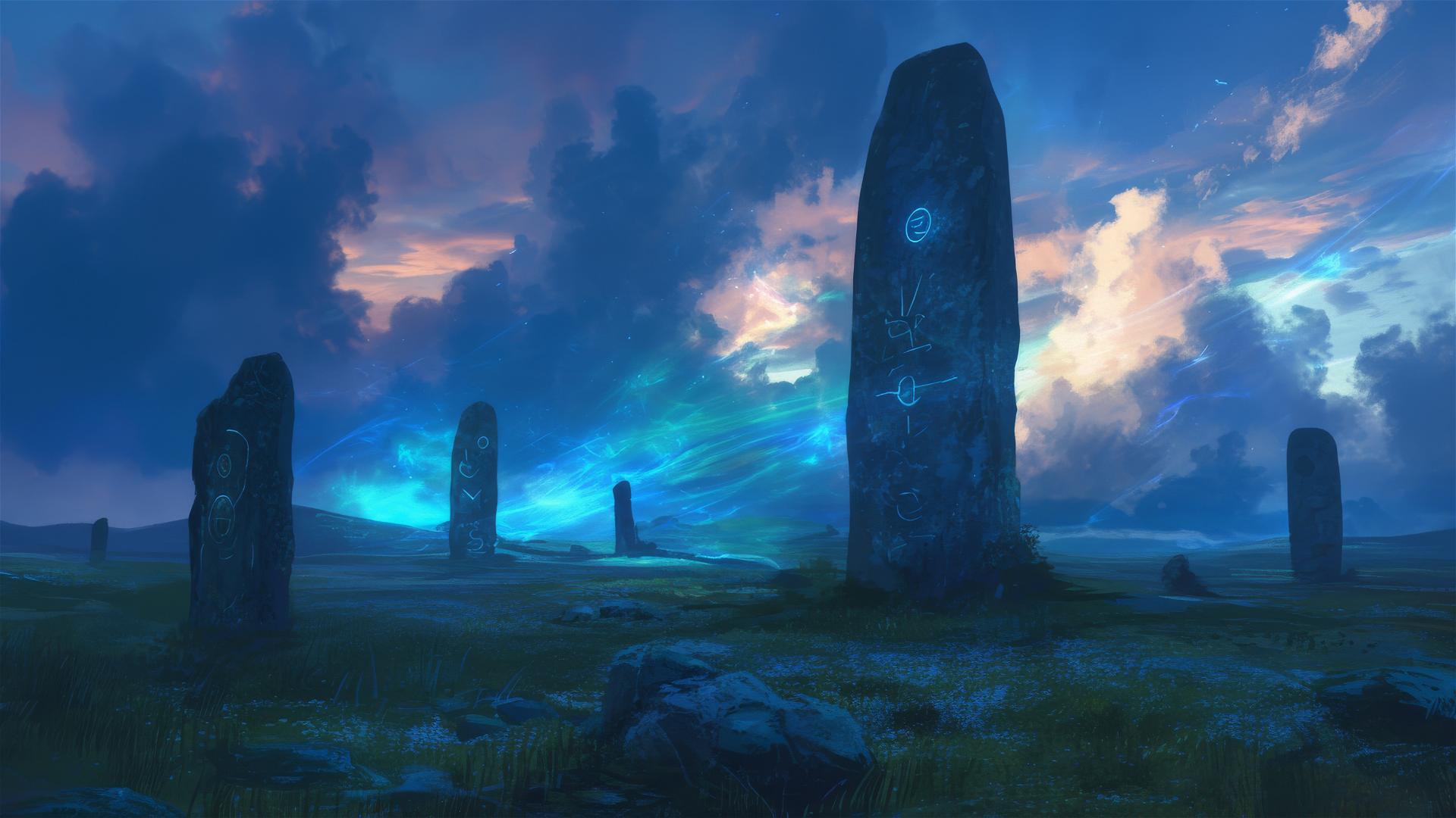 Twilight mist shrouding an ancient stone circle with hidden earth energies