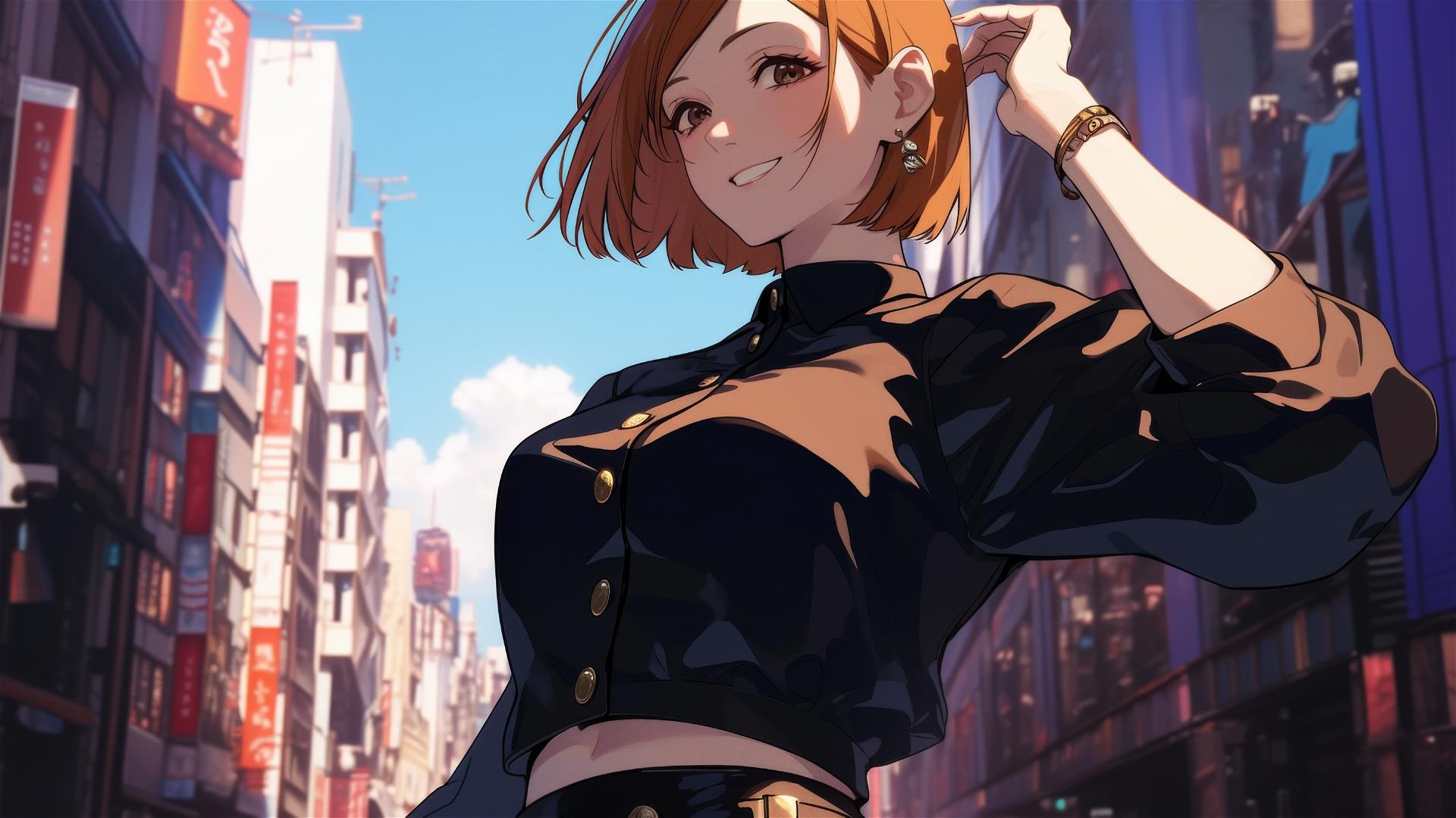 Nobara Kugisaki from Jujutsu Kaisen in trendy jumpsuit with kimono sleeves in Ginza