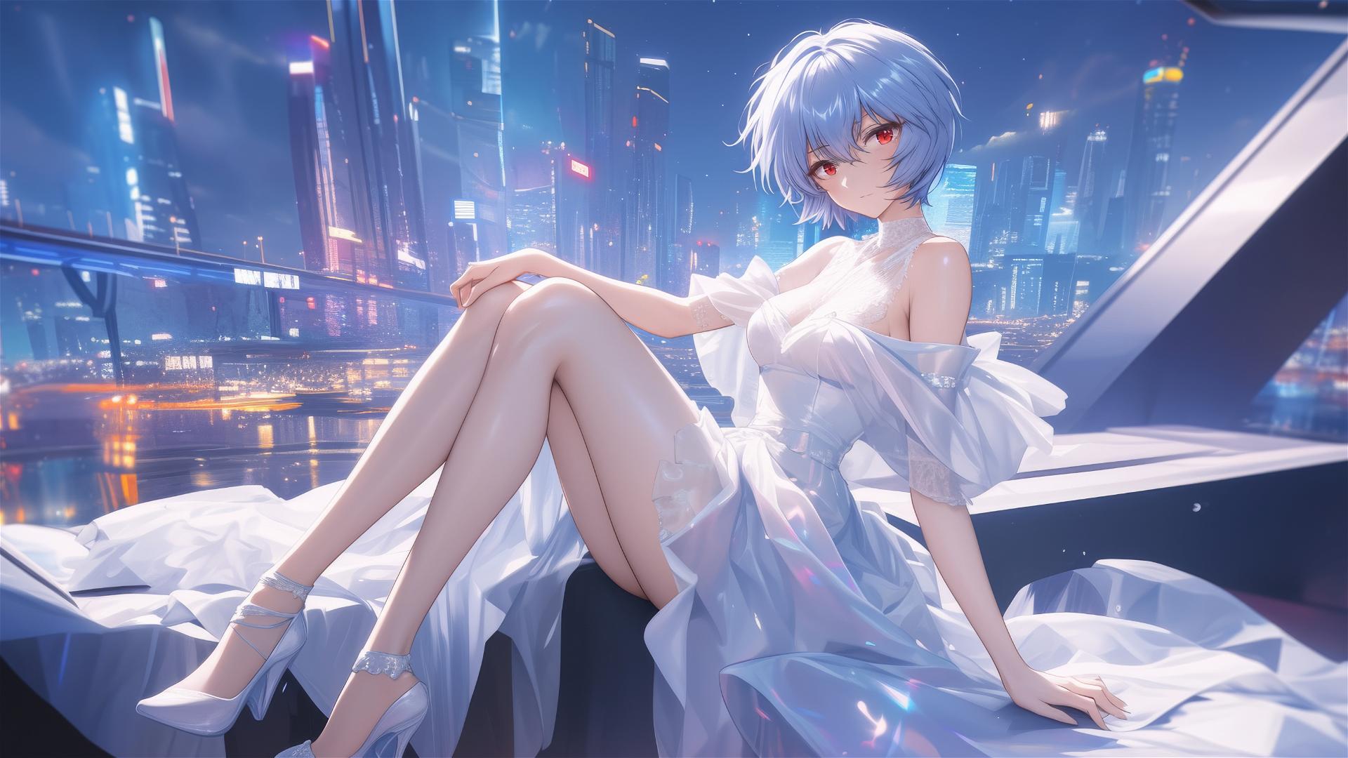 Rei Ayanami in cocktail dress at Tokyo art gallery