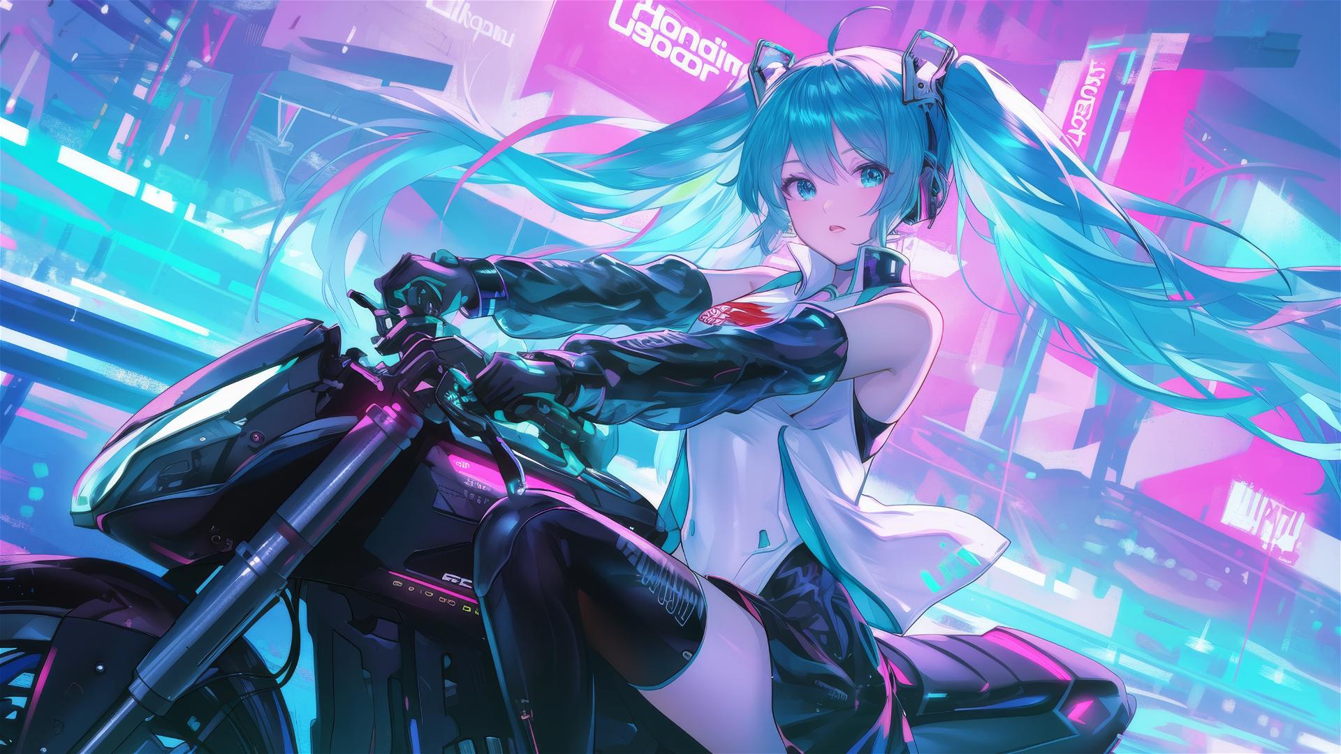 Hatsune Miku in racer outfit with hoverbike under neon lights