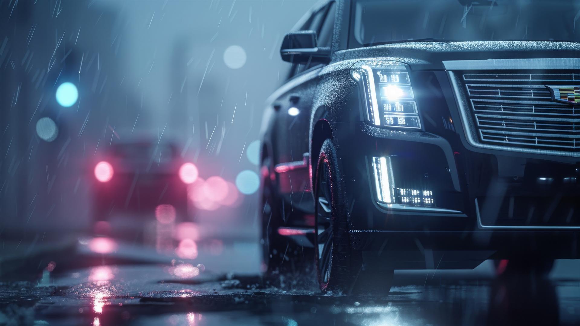 Photorealistic closeup of a Cadillac Escalade in dim, foggy gothic setting
