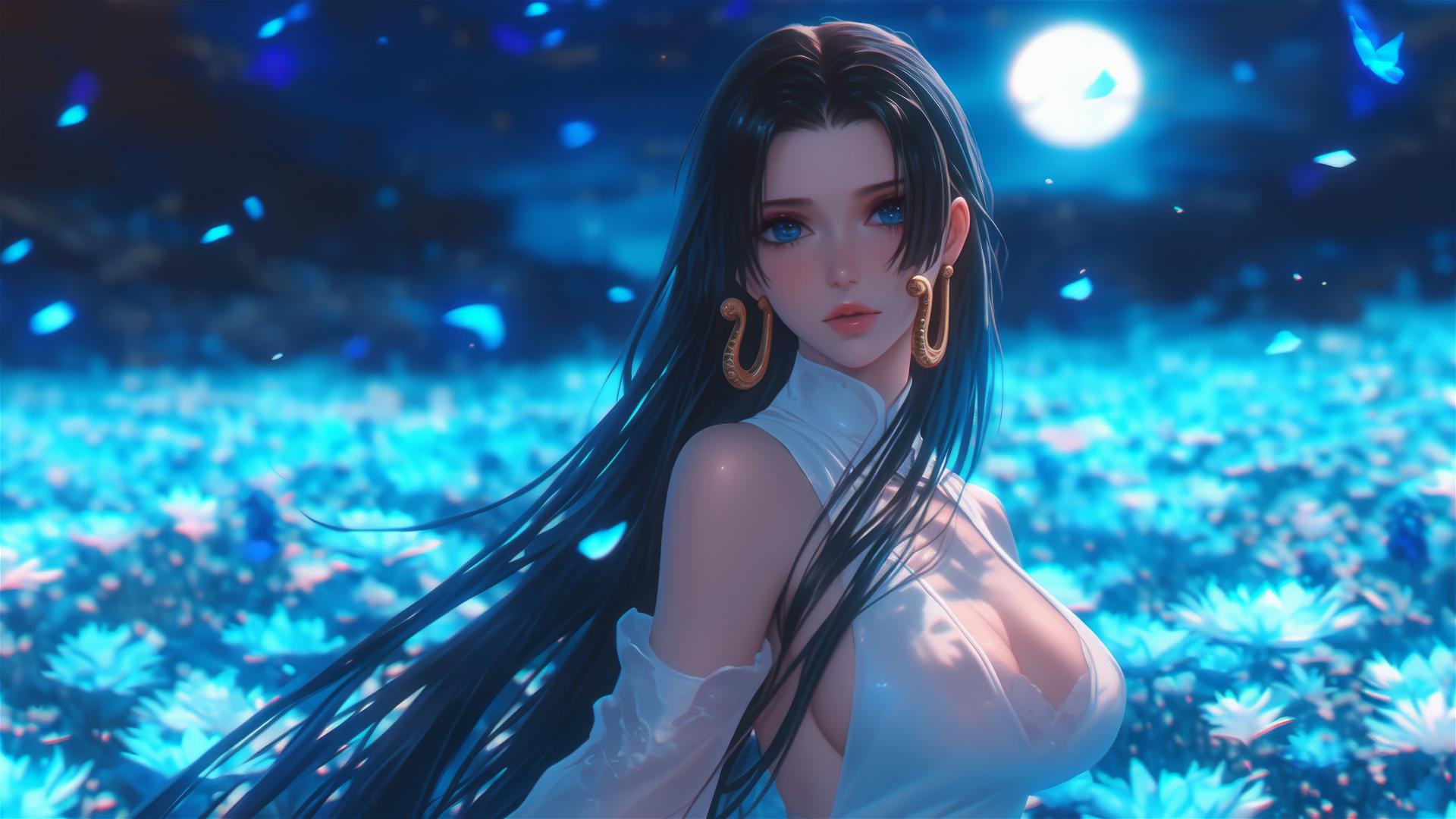 Boa Hancock from One Piece, walking on starlit blooming fields with moonlight glow