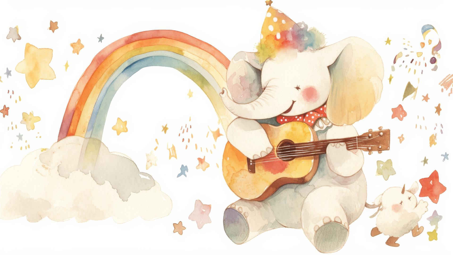 Cute elephant in clown costume playing guitar, watercolor happy baby unicorn with stars and rainbows