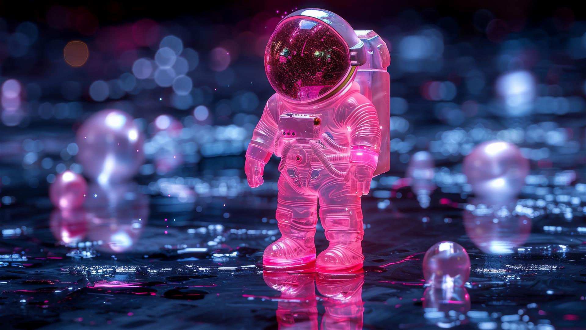 Hot pink astronaut against a pitch-black background, deep shadows, and deep chiaroscuro effect