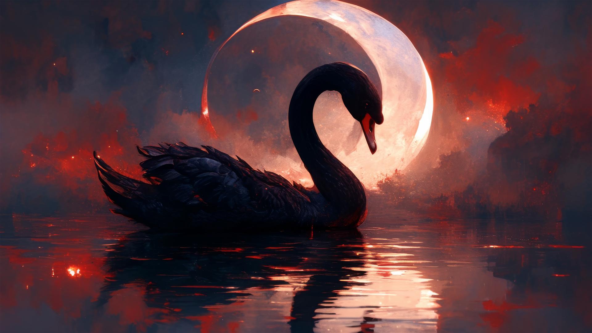 Aesthetic black swan on an ink-dark lake under a crescent moon