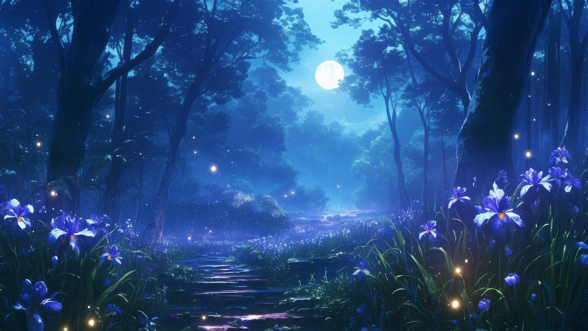 Black forest path with violet irises leading to an enchanted realm