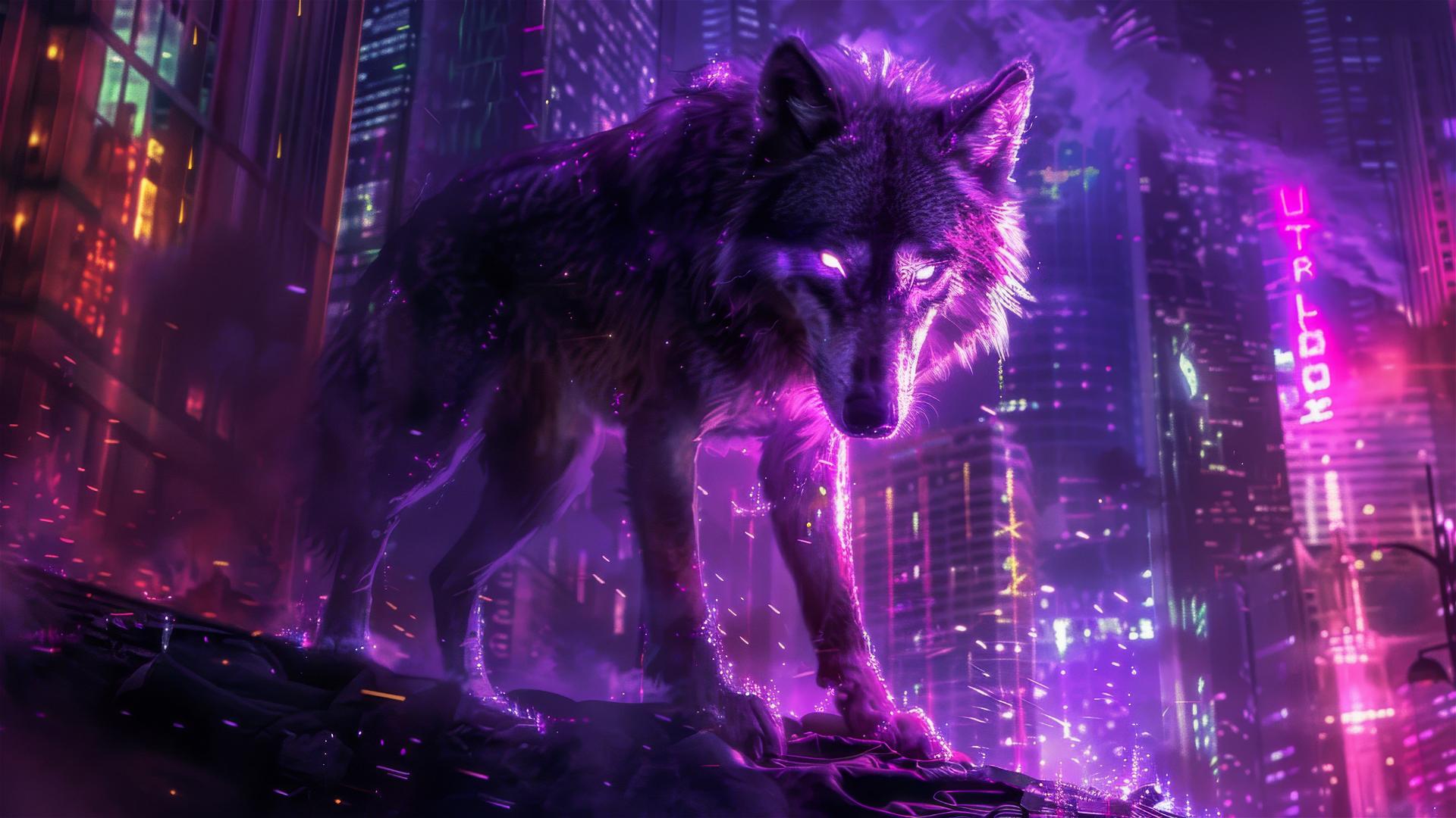 Fenrir wolf in a dark neon gothic cyberpunk setting with gold and purple tones.