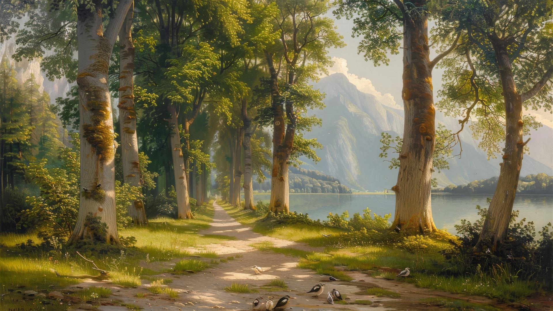 Serene luminism style landscape with path, grove of trees, sun filtering light, birds, mountain in distance.