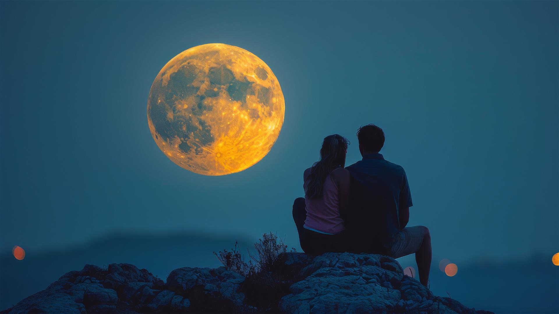 Couple embracing on moon in blue and gold tones, hikecore aesthetic, 32K UHD quality.