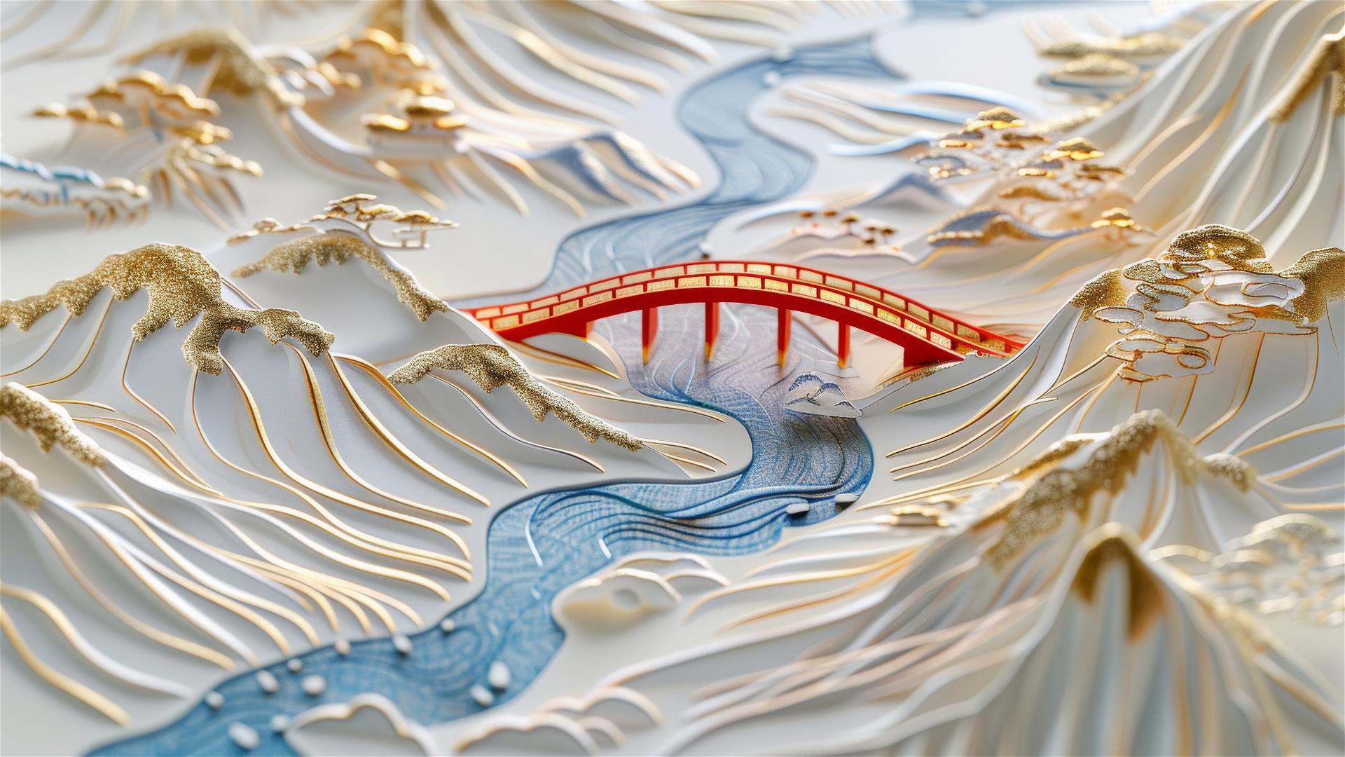 3D Asian painting of golden mountains, traditional bridge over stream in paper carving style
