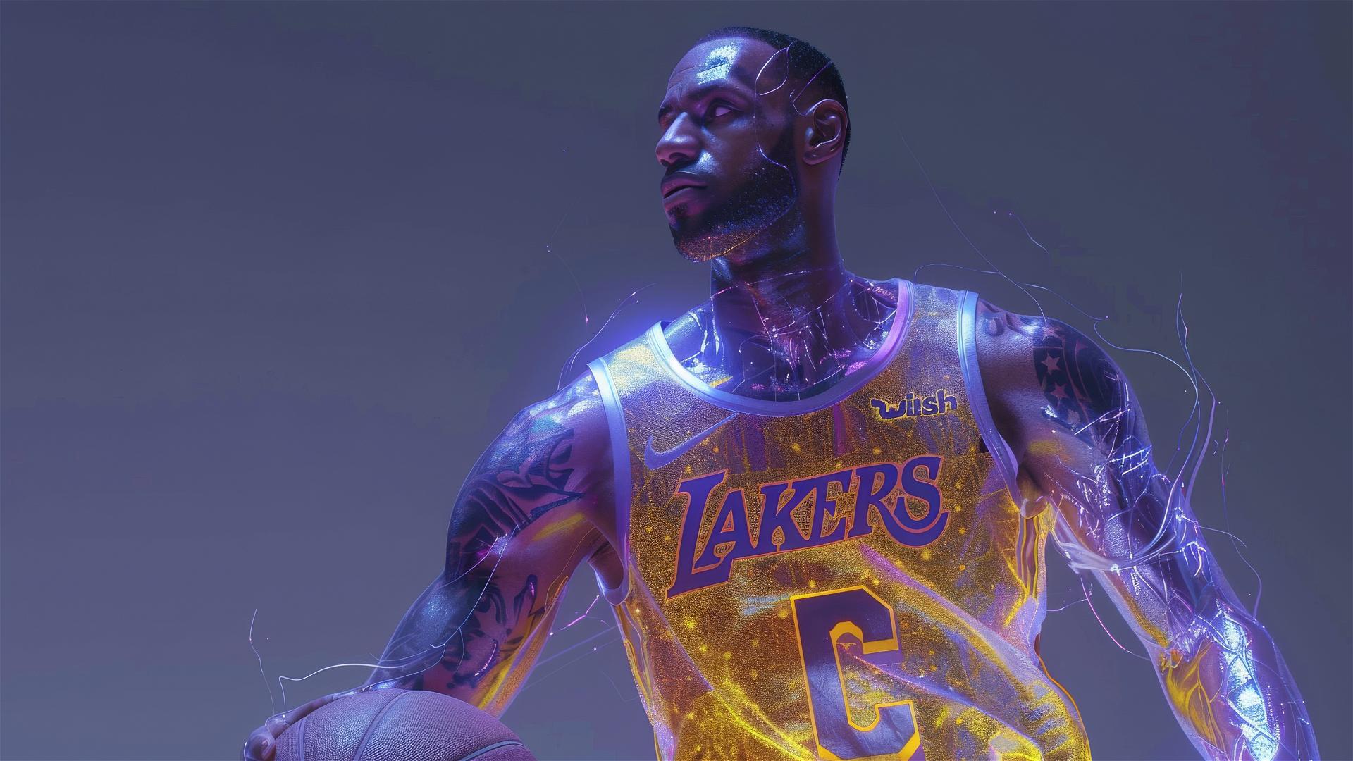 Muscular glass and holographic basketball player in Lakers jersey