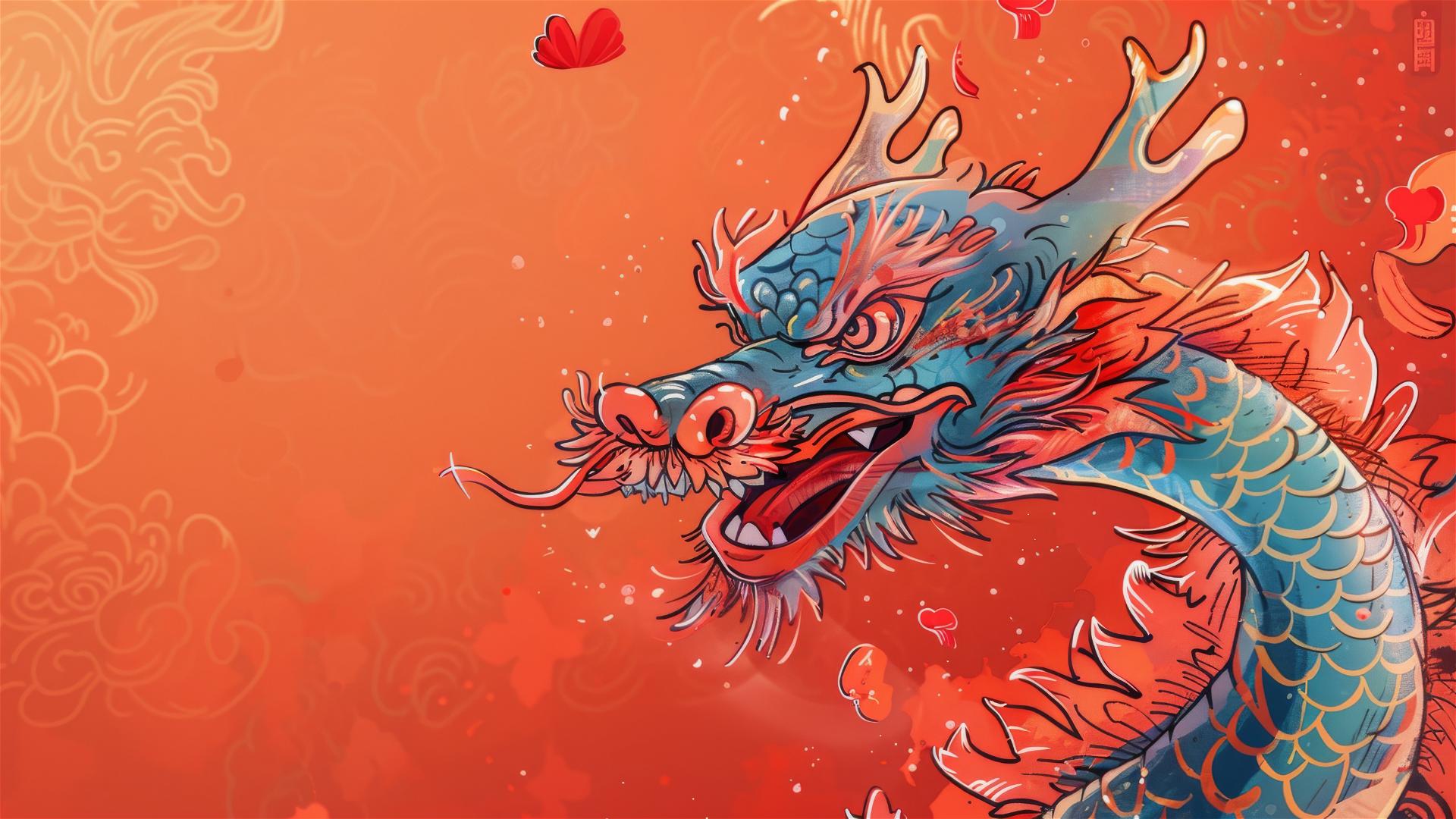 cute Chinese dragon in pop art style, red background