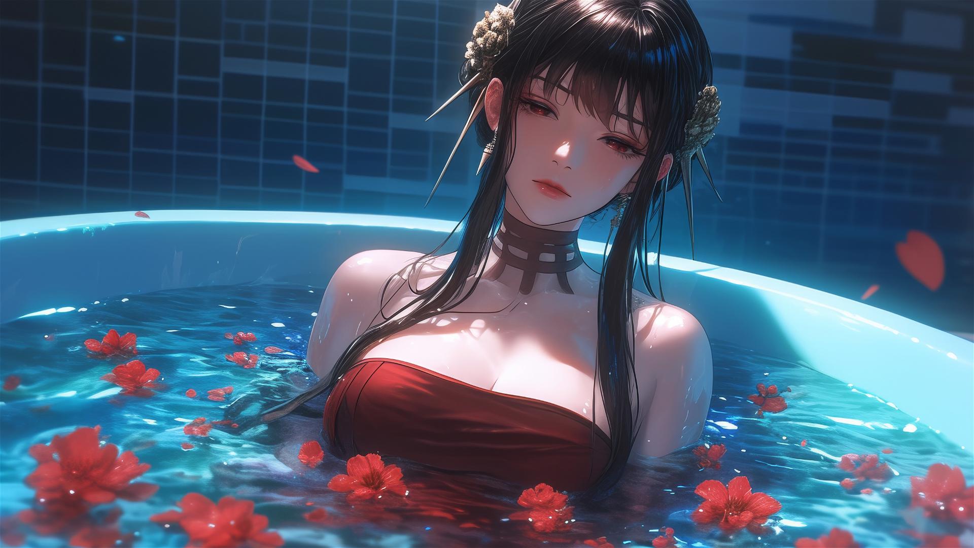 Yor Forger from Spy x Family in a flower-filled tub at a Chinese spa.