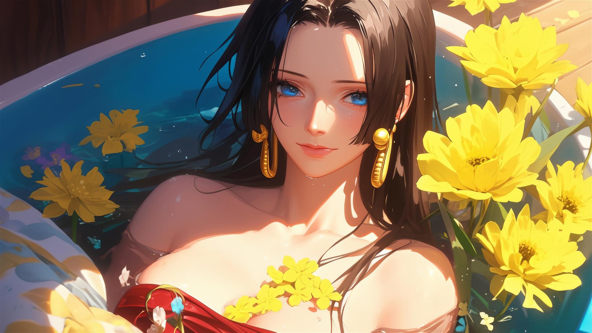 Boa Hancock in a flower-filled tub in a Chinese spa