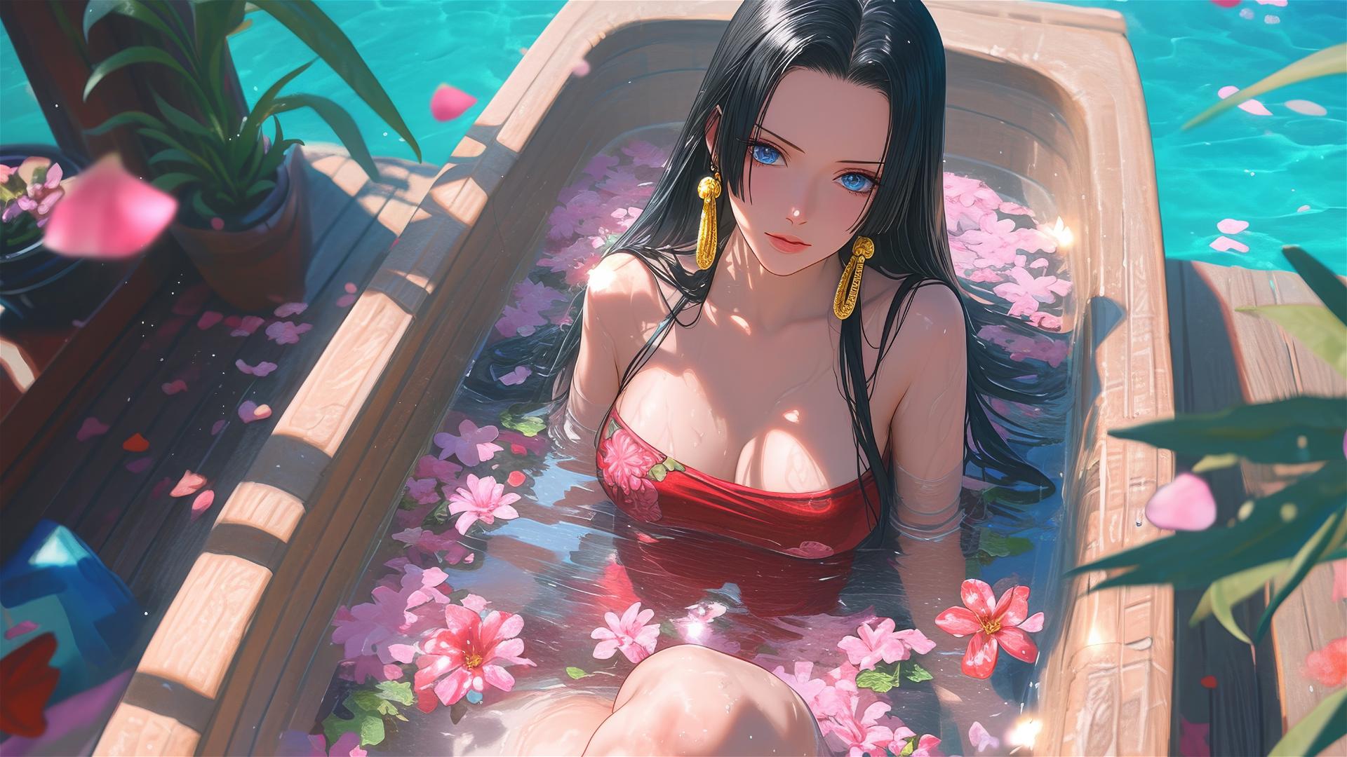 Boa Hancock from One Piece in a tub full of flowers in a Chinese spa