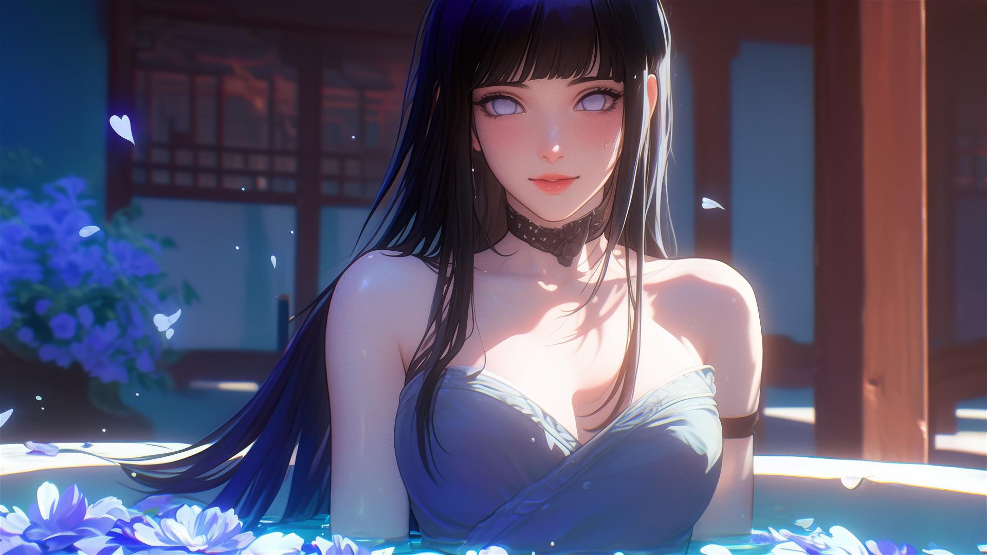 Hinata Hyuga from Naruto inside a flower-filled tub in a Chinese spa