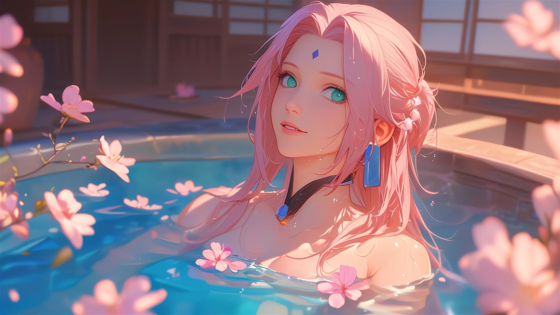 Sakura Haruno in tub full of flowers in a Chinese spa