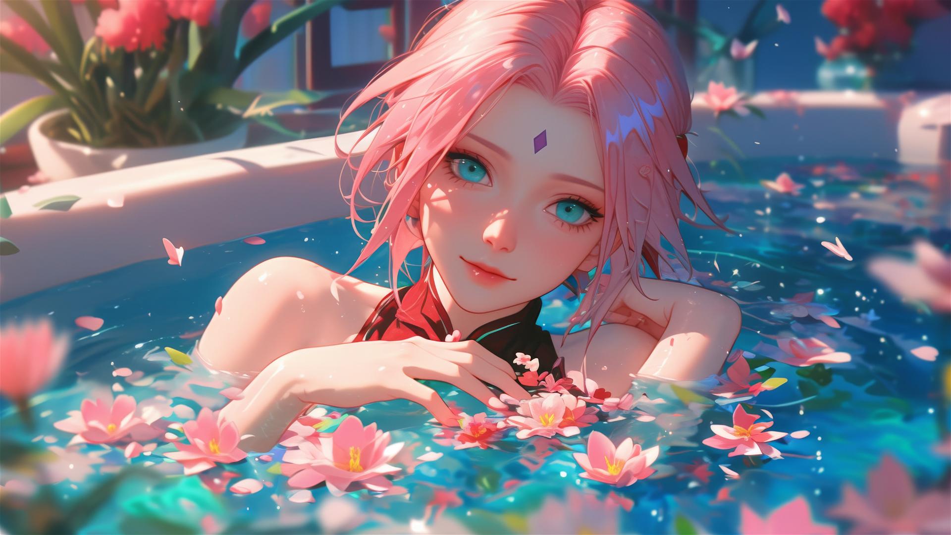 Sakura Haruno in a flower-filled tub within a Chinese spa